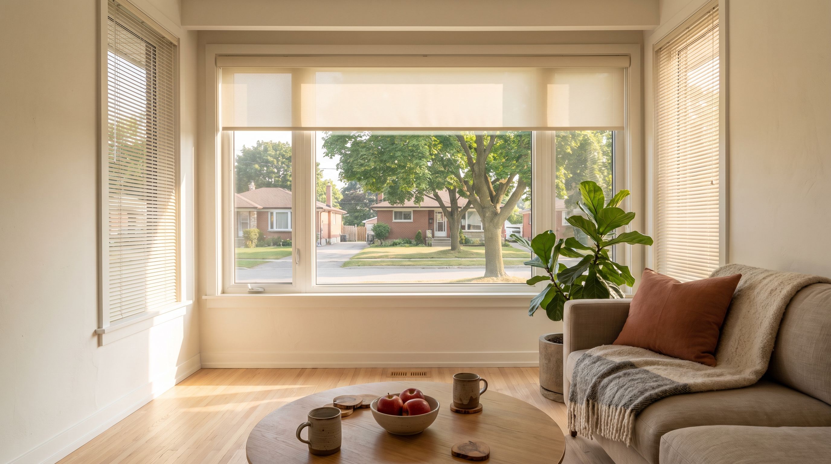 A bright Etobicoke bungalow living room, a wide picture window carrying a cream roller blind lowered a third of the way with a warm-white venetian blind on the side window at either end of it, and a street of low brick bungalows under a very large mature maple beyond the glass
