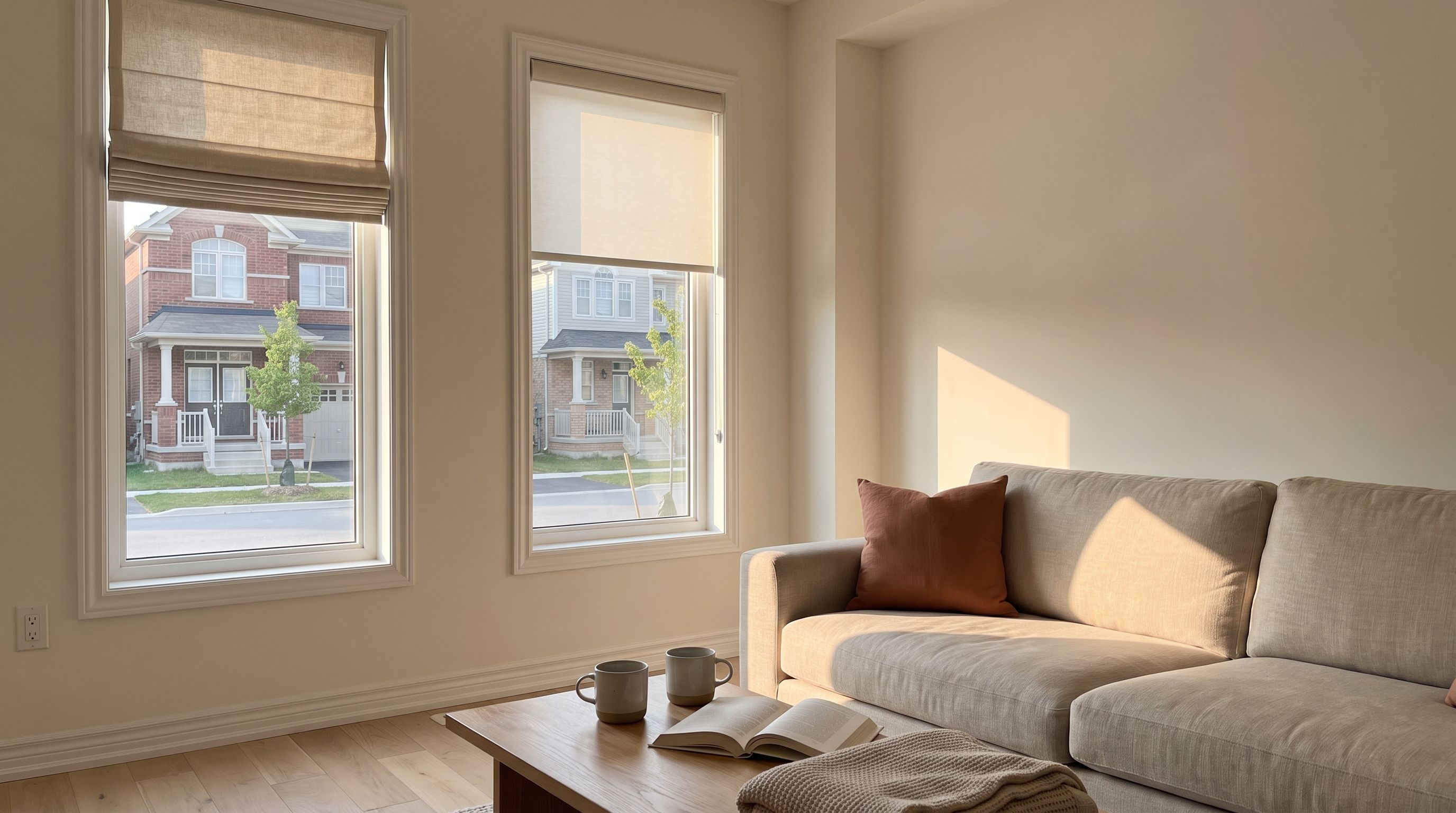 A bright Markham front room, a tall window carrying an oatmeal roman shade raised into neat stacked folds beside a second window with a cream roller blind lowered two thirds, a street of porched houses in brick and pale siding outside