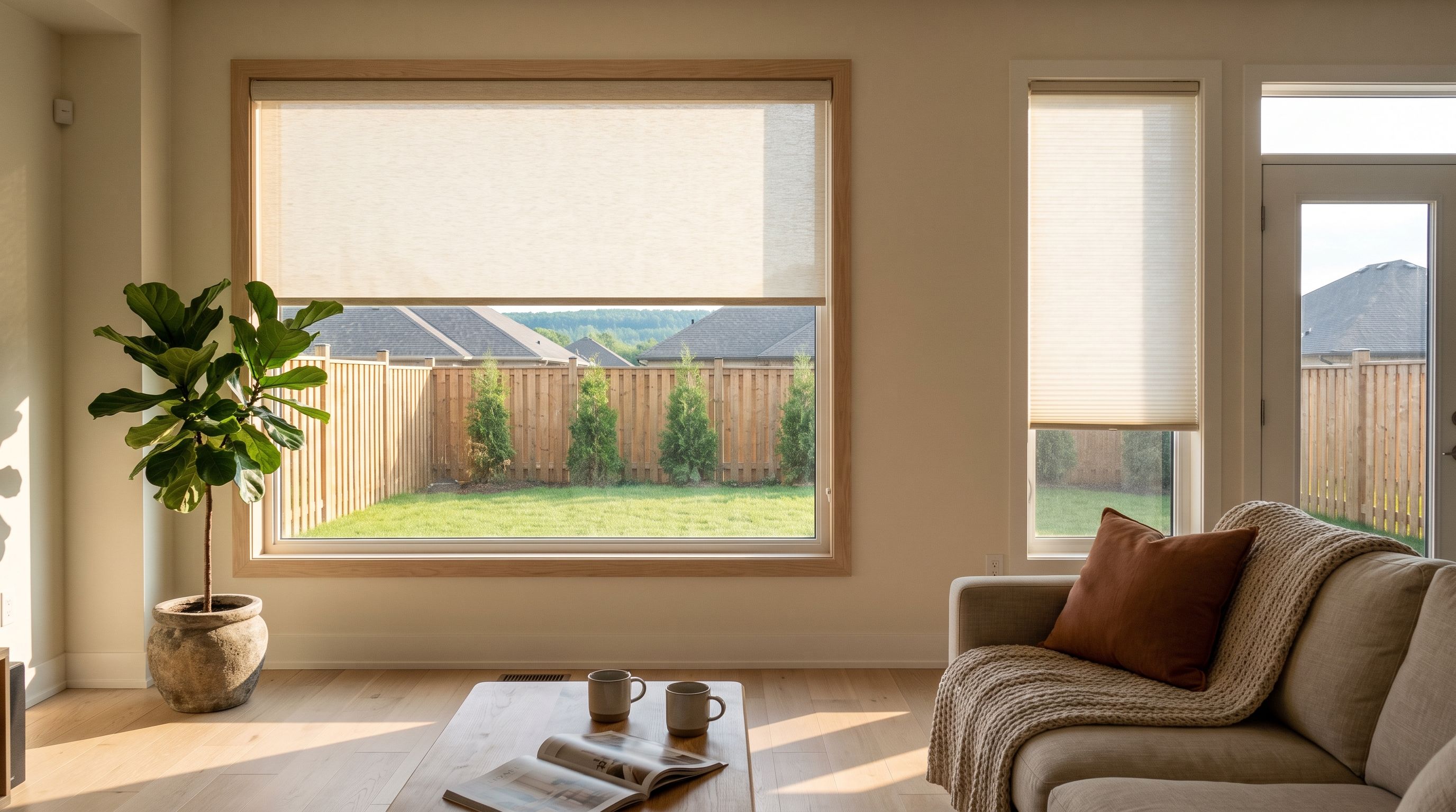 A bright Milton family room, a wide square window with a shallow drywall return carrying a cream roller blind lowered two thirds and a narrow garden-door window with a warm-white cellular shade, new sod, young cedars and the green ridge of the escarpment outside