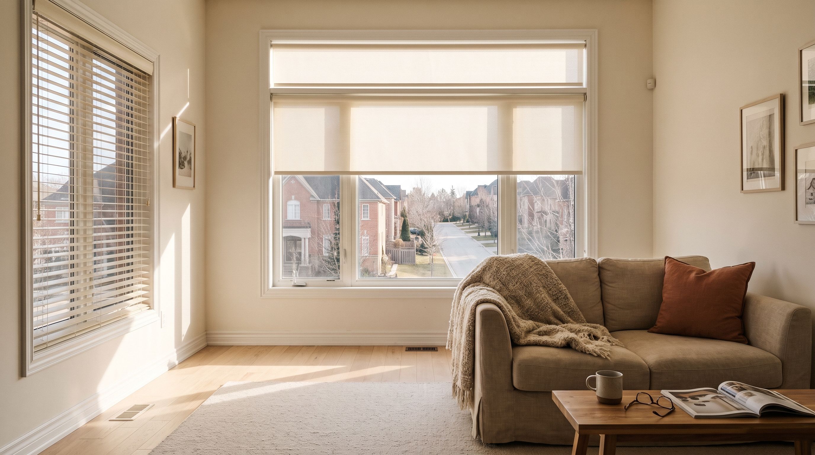 A bright Richmond Hill living room, a tall window with a cream roller blind on the main pane and a matching smaller blind on the transom above it, a side window with a warm-white venetian blind tilted open, and a street falling away downhill beyond