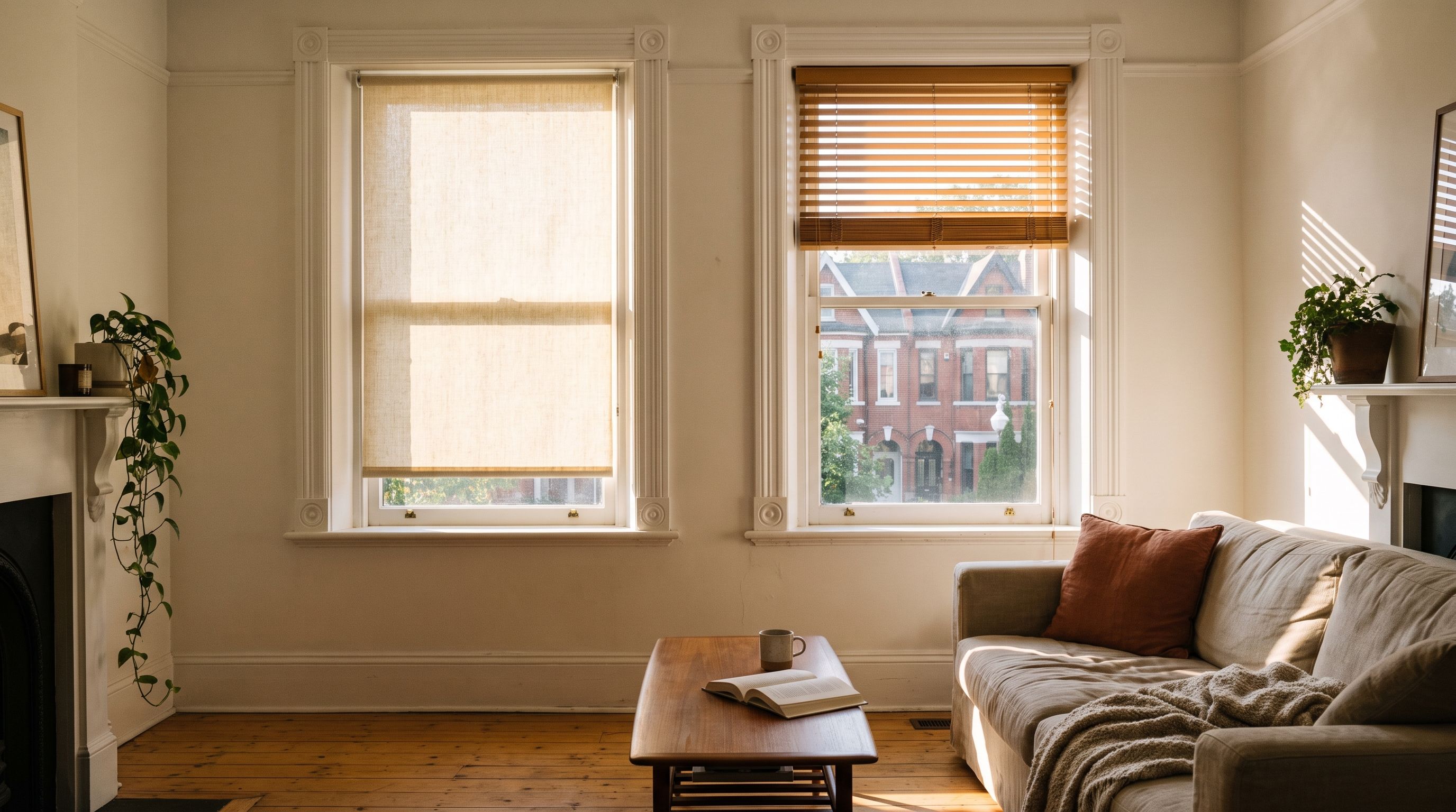 A bright front room in a Toronto Victorian semi, two tall sash windows in deep painted reveals — a cream roller blind lowered two thirds on the left and honey-stained wooden venetian blinds tilted open on the right — with a leafy street of red-brick bay-and-gable houses through the clear glass
