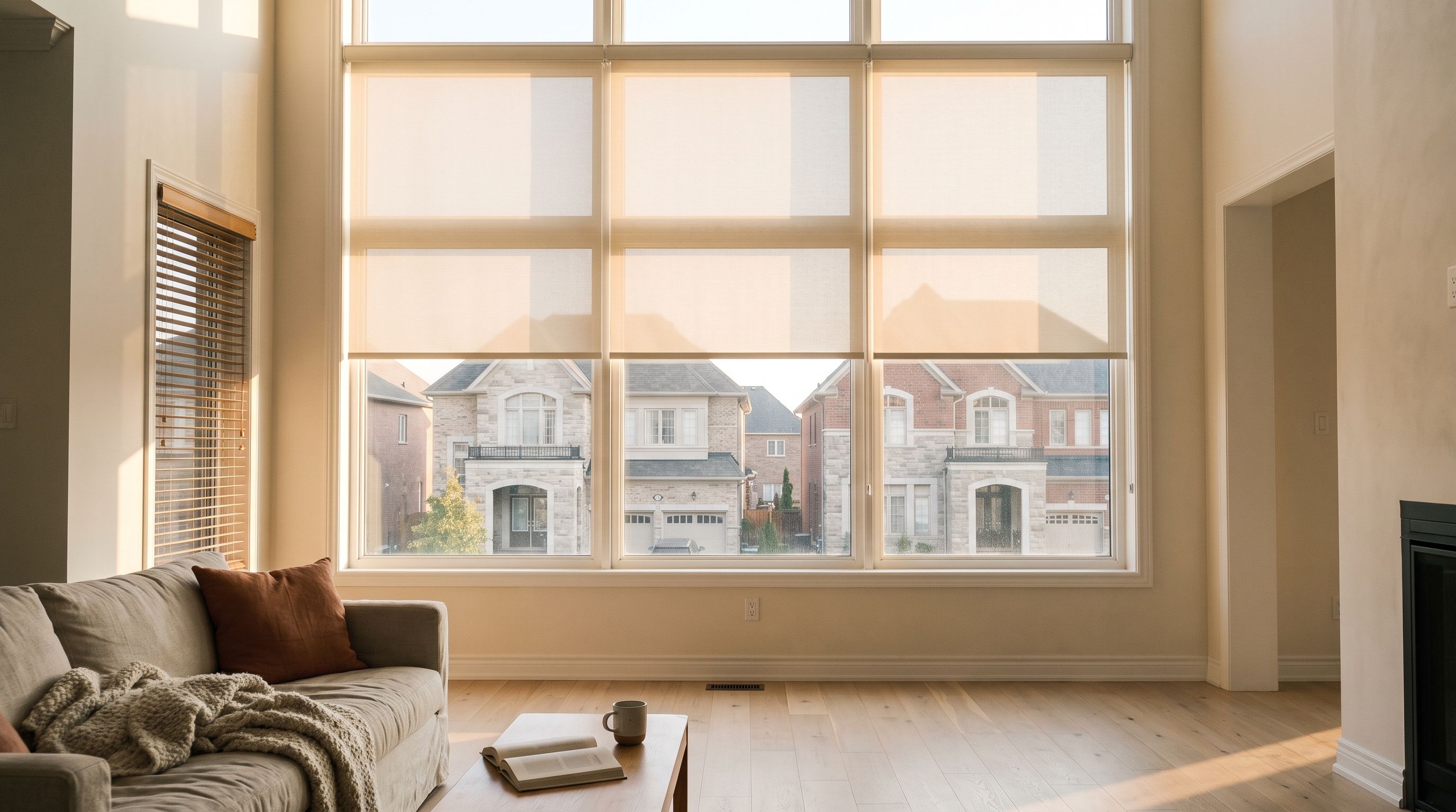 A bright double-height Vaughan family room, three matching cream screen roller blinds stopped at exactly the same height across the upper glass of a two-storey window with the lower glass left clear, and a side window with a wooden venetian blind tilted open