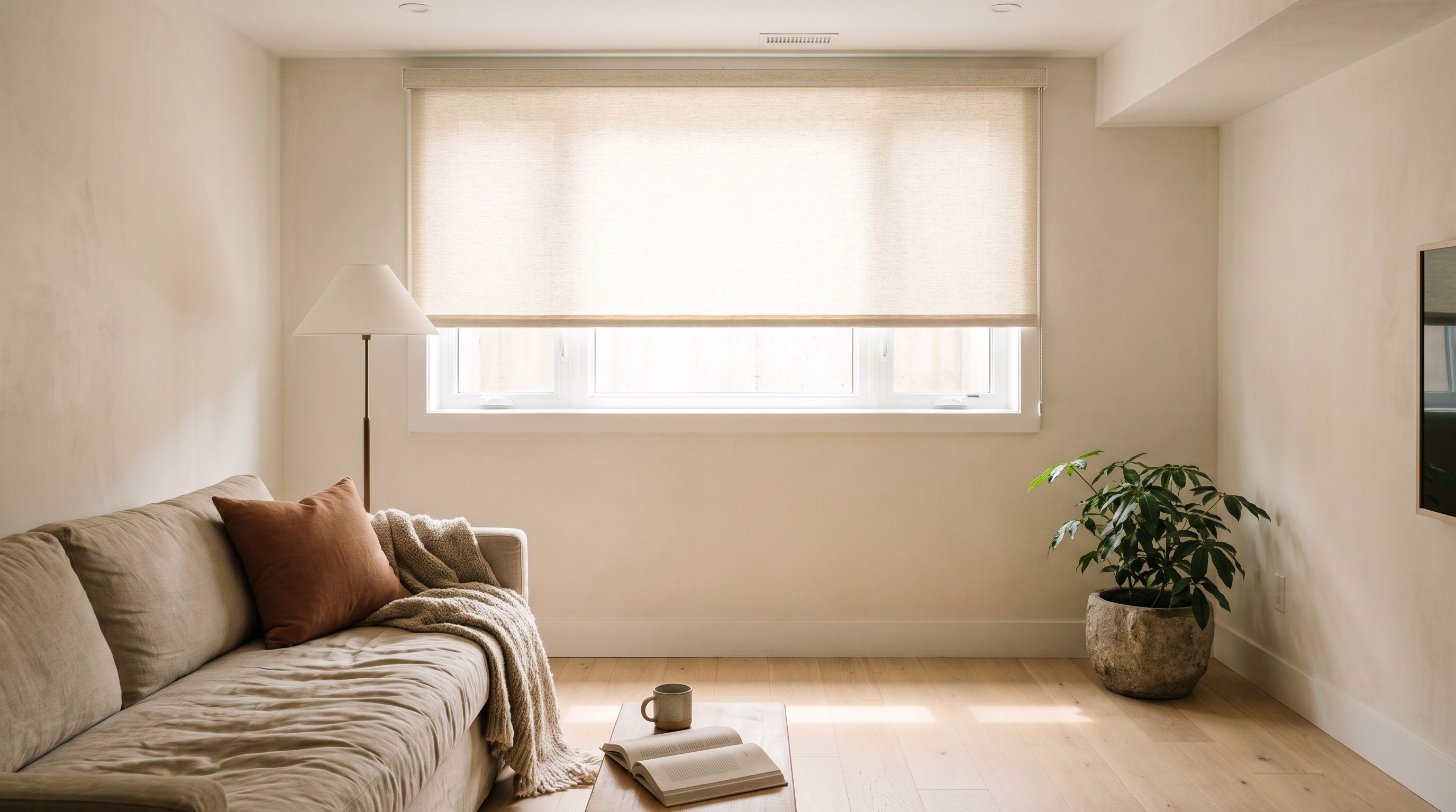 A bright finished basement sitting room, a cream roller blind lowered most of the way over a wide window set high in the wall with daylight pouring in beneath it, a linen sofa with a knit throw and a terracotta cushion, and a large plant in a stone pot