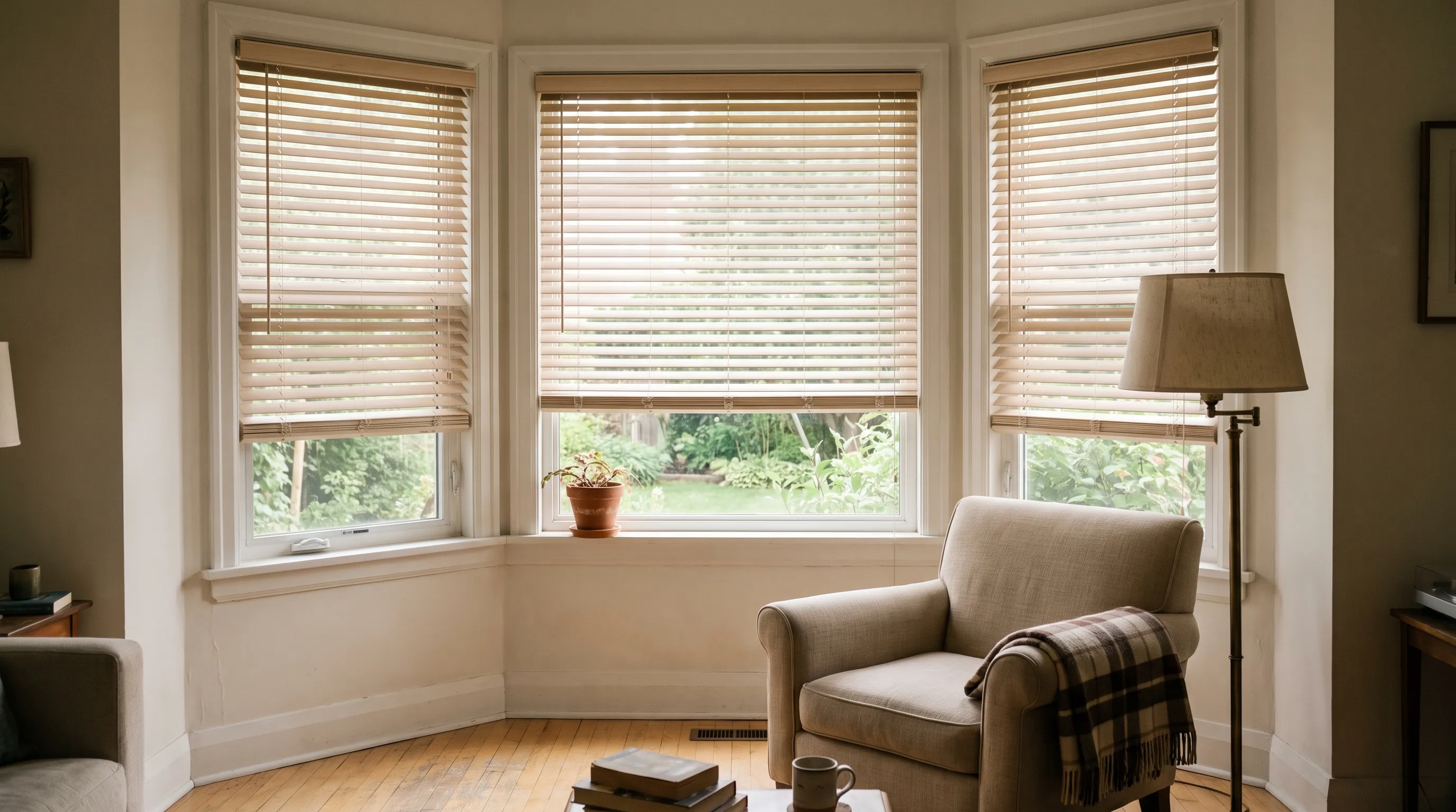 Wooden venetian blinds following each angle of a three-sided bay window, the slats tilted so the garden stays readable in bands, with an armchair, a floor lamp and a checked blanket in the bay