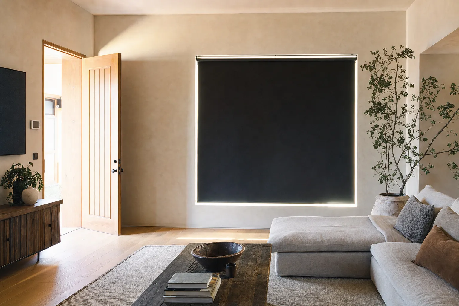 A blackout roller fully lowered in a bright living room, one unbroken panel of dark fabric outlined by escaping daylight while an open door beyond floods the room