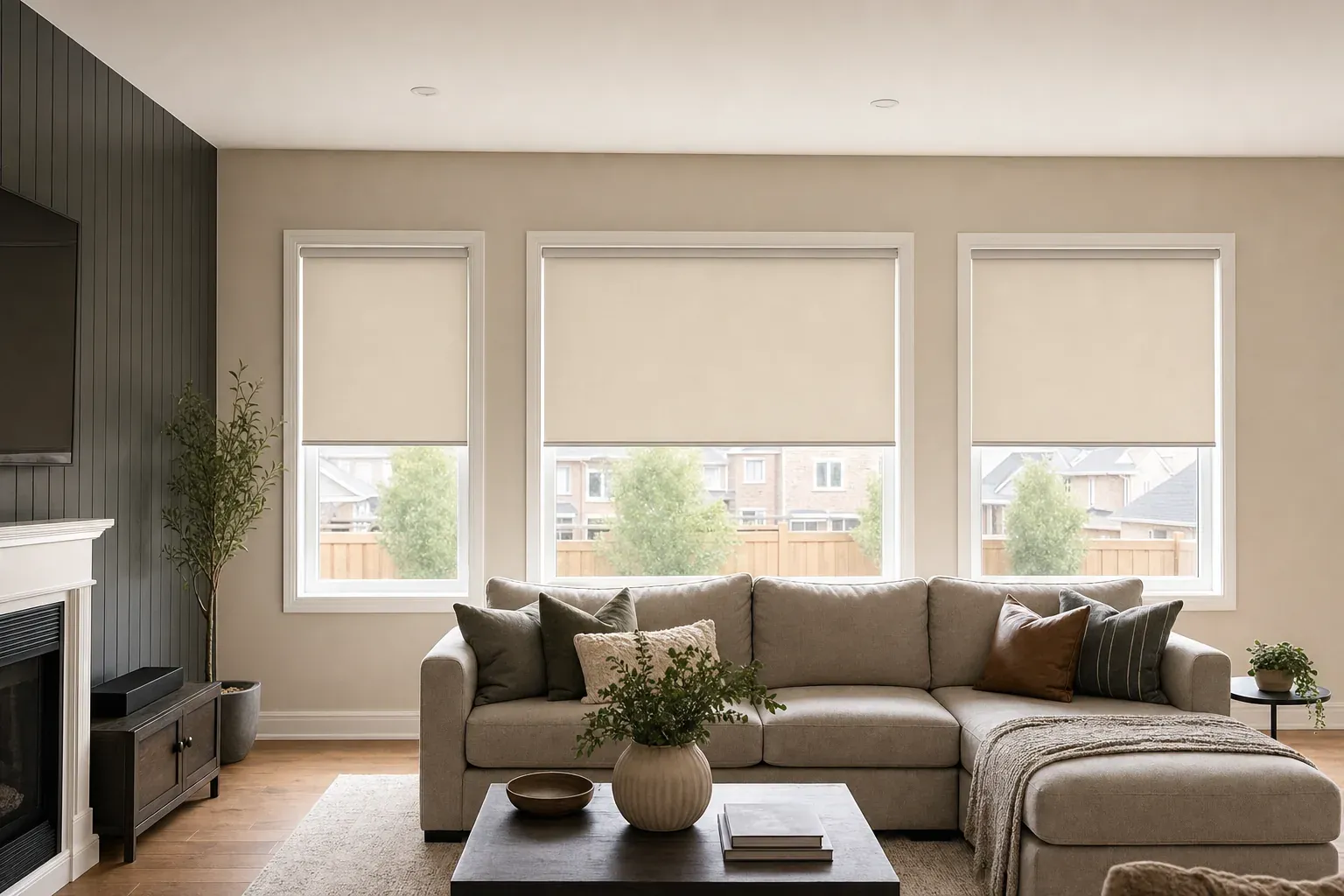 Brampton family room with three separate cream roller shades lowered to one level line across windows of different widths