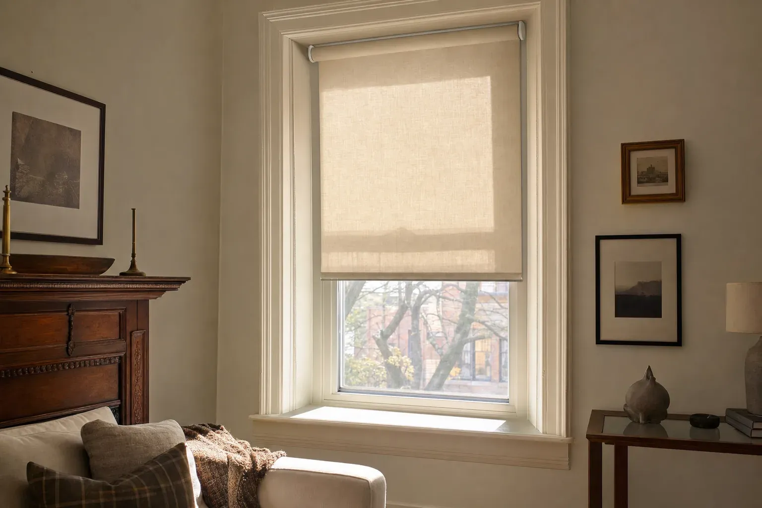 Older painted window reveal with a linen roller shade mounted inside the opening and the decorative outer casing left untouched