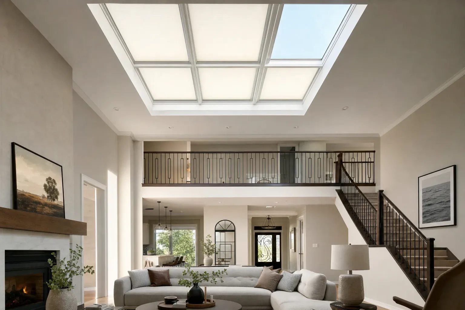 Double-height living room with fitted pale shades covering individual roof-lantern panes while one pane remains open to daylight