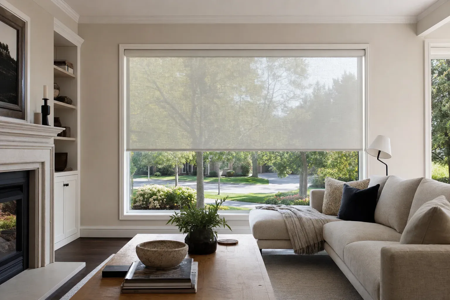 Pale open-weave roller shade lowered over a large window with a leafy residential street still visible through the fabric