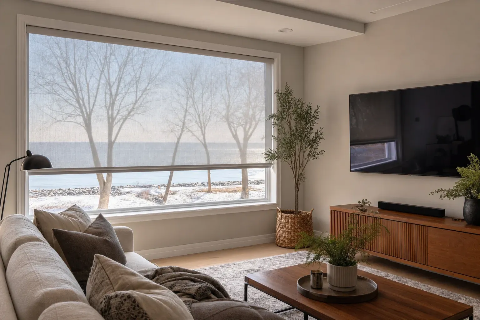 Burlington living room with a solar screen shade softening a snowy lake view beside a television without erasing the view