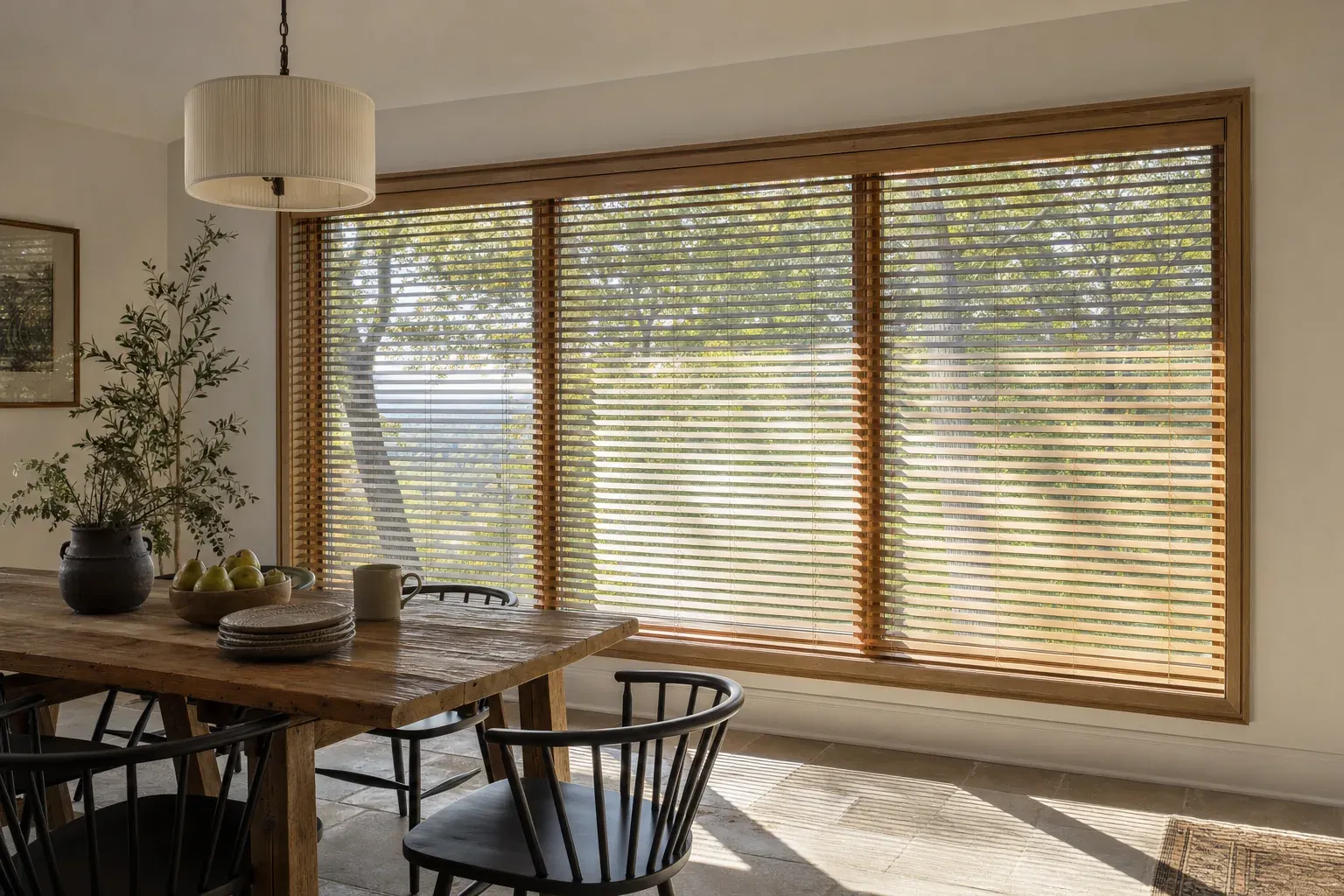 Wide breakfast-room window with natural wood venetian slats tilted to break low sunlight into controlled bands