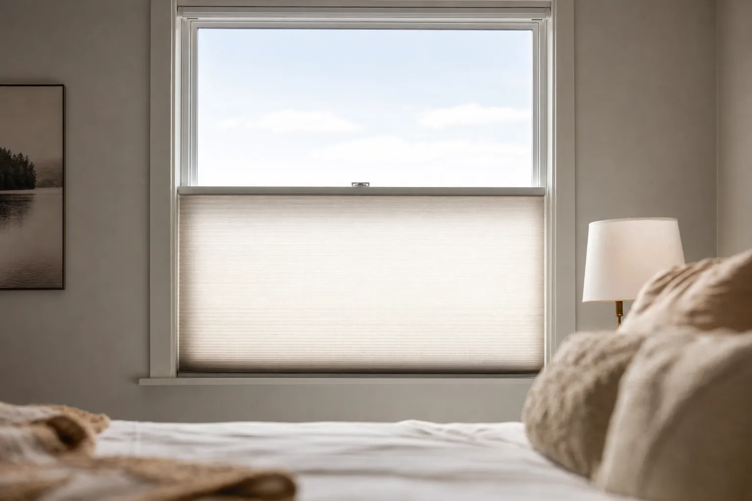 A bedroom window with a cellular shade covering only the lower half, clear sky and cloud above it and the pleated fabric below, a bed and a lamp softly out of focus in front