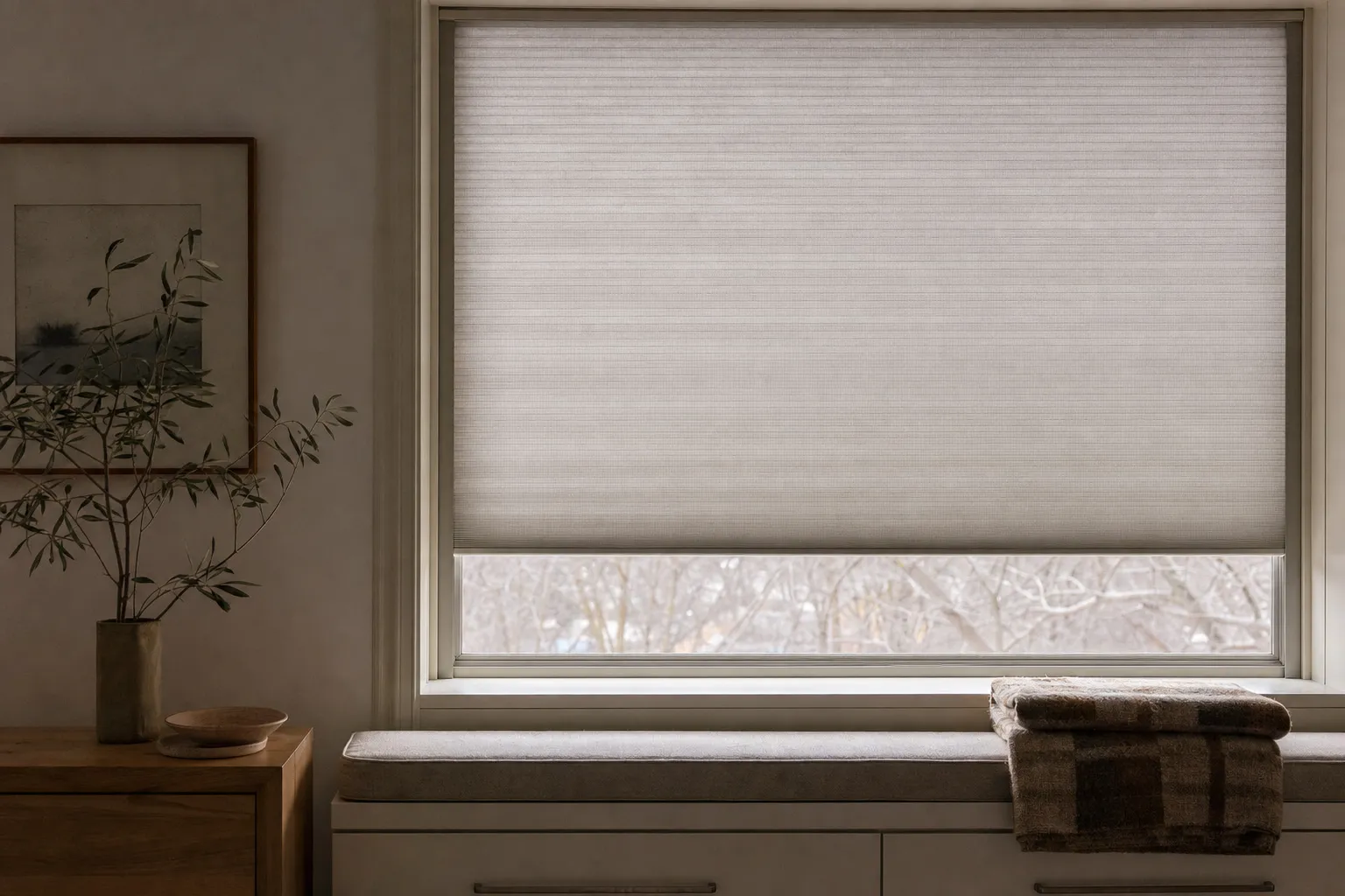 A wide cellular shade lowered almost fully over a window seat, a narrow band of snowy branches showing beneath it, a folded checked blanket on the cushioned seat