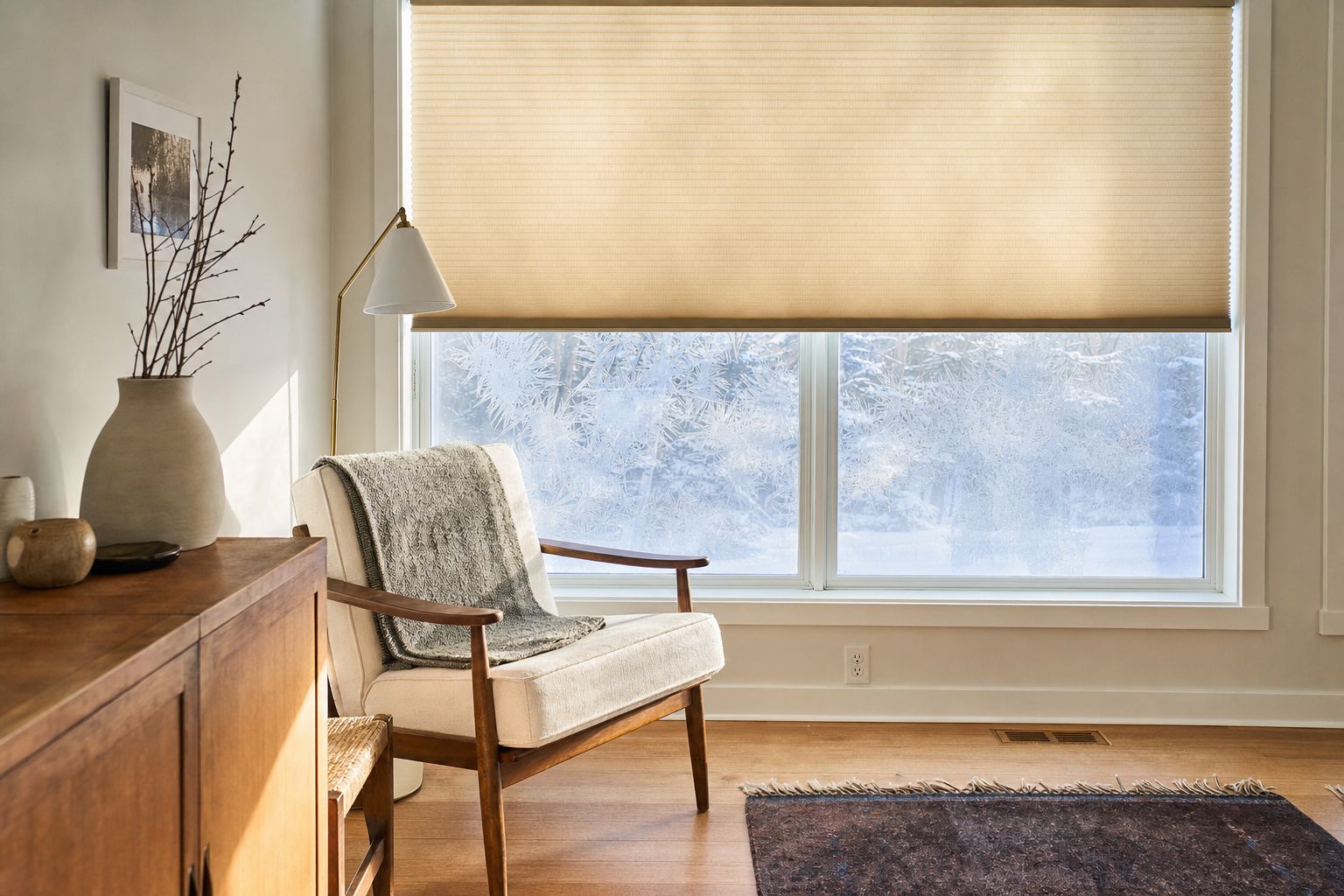 A bright winter room with a honeycomb cellular shade lowered two thirds down a wide window, its pleated cells lit from behind, frost patterns on the glass below and a reading chair and floor lamp beneath