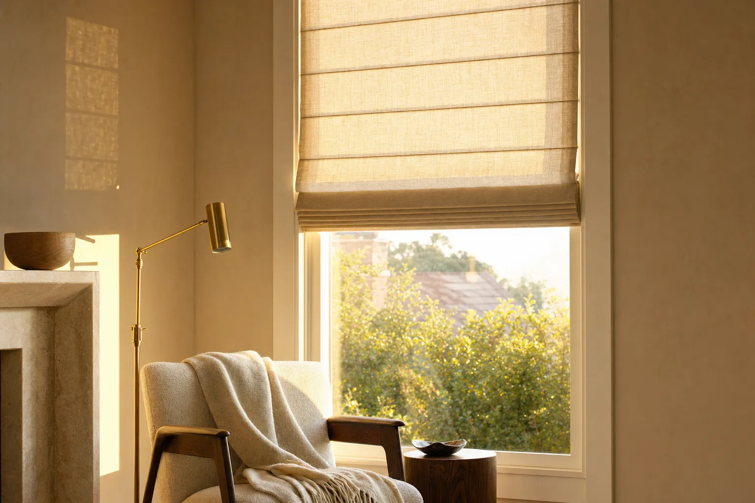 Living room with sage-green walls, rattan pendant lights and a sheer curtain at a tall window