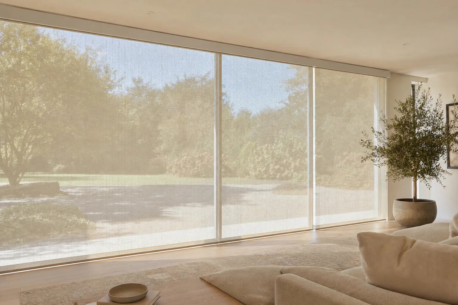 Open-plan living room with a full-height glazed wall, floating staircase and a dog on the floor