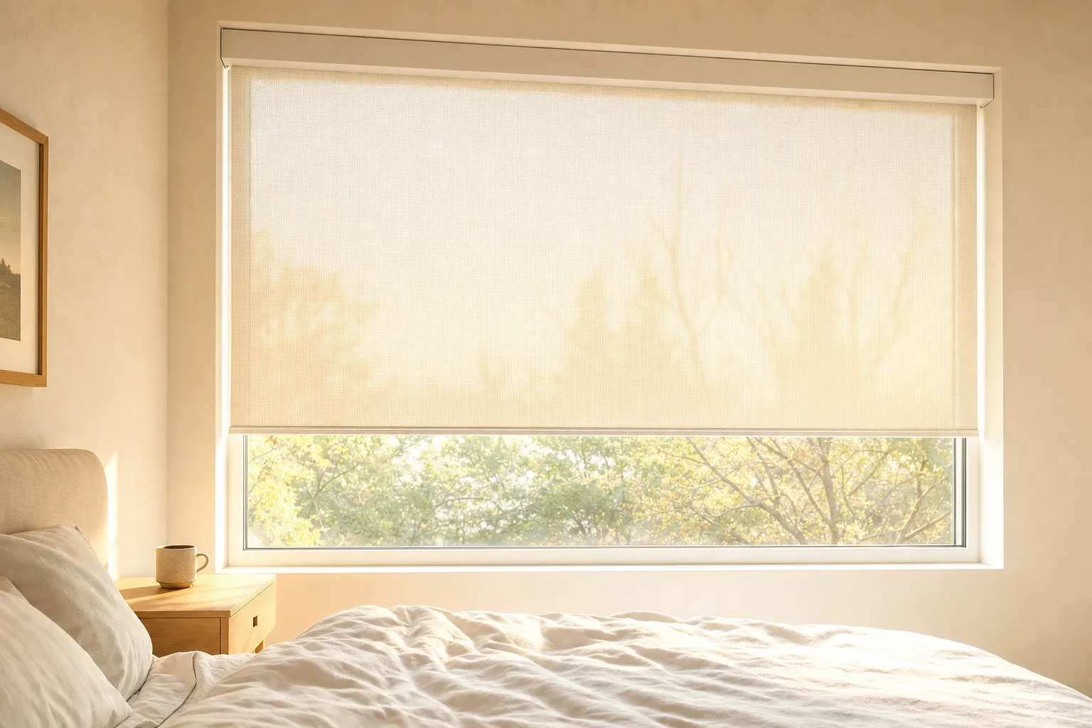 Condo bedroom with bedside lamps lit, floor-length curtains and a city skyline through the window