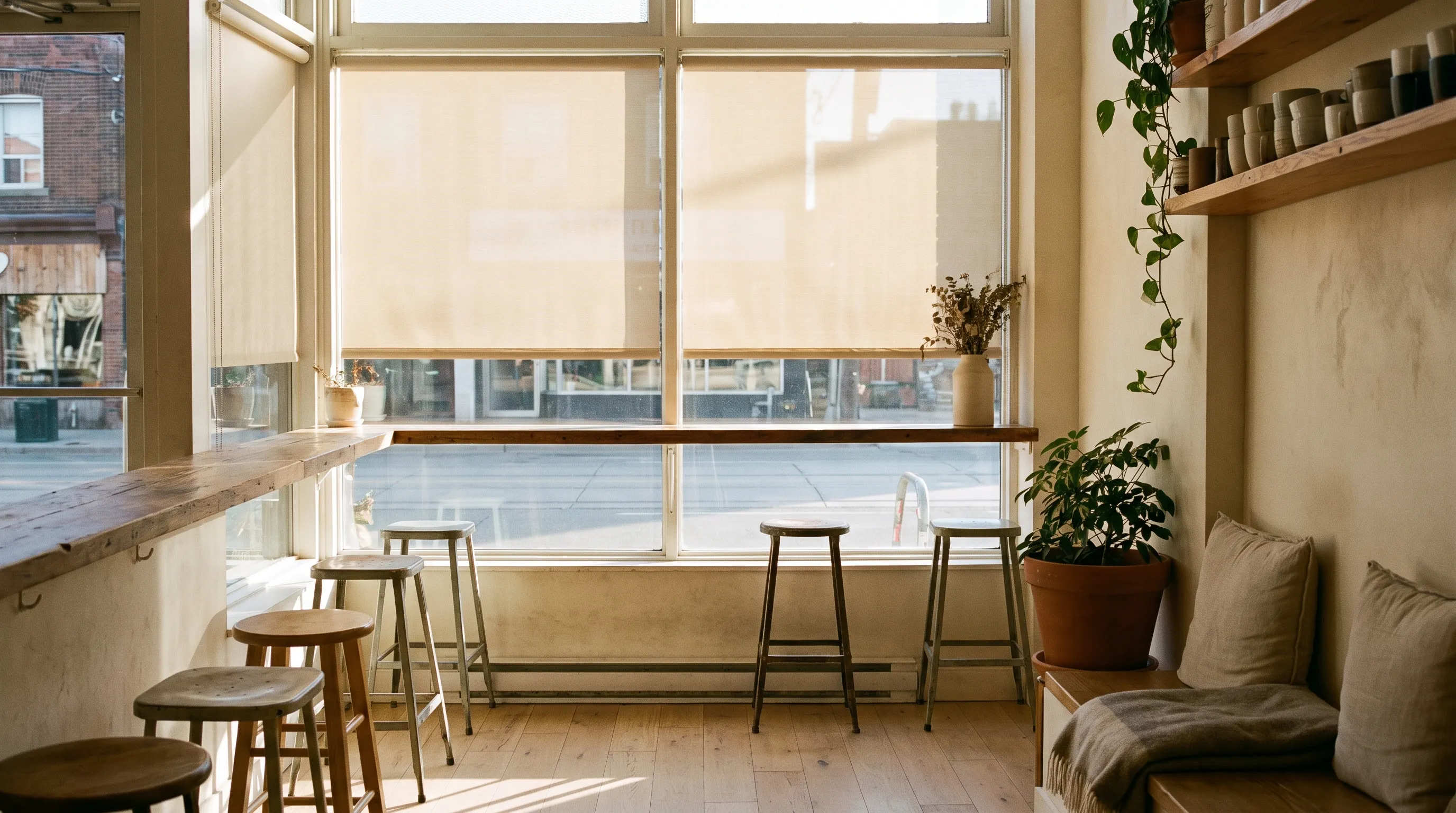 A neighbourhood cafe shopfront hung with cream screen roller blinds lowered to counter height, the street still visible through the weave, and a run of empty stools along a wooden counter