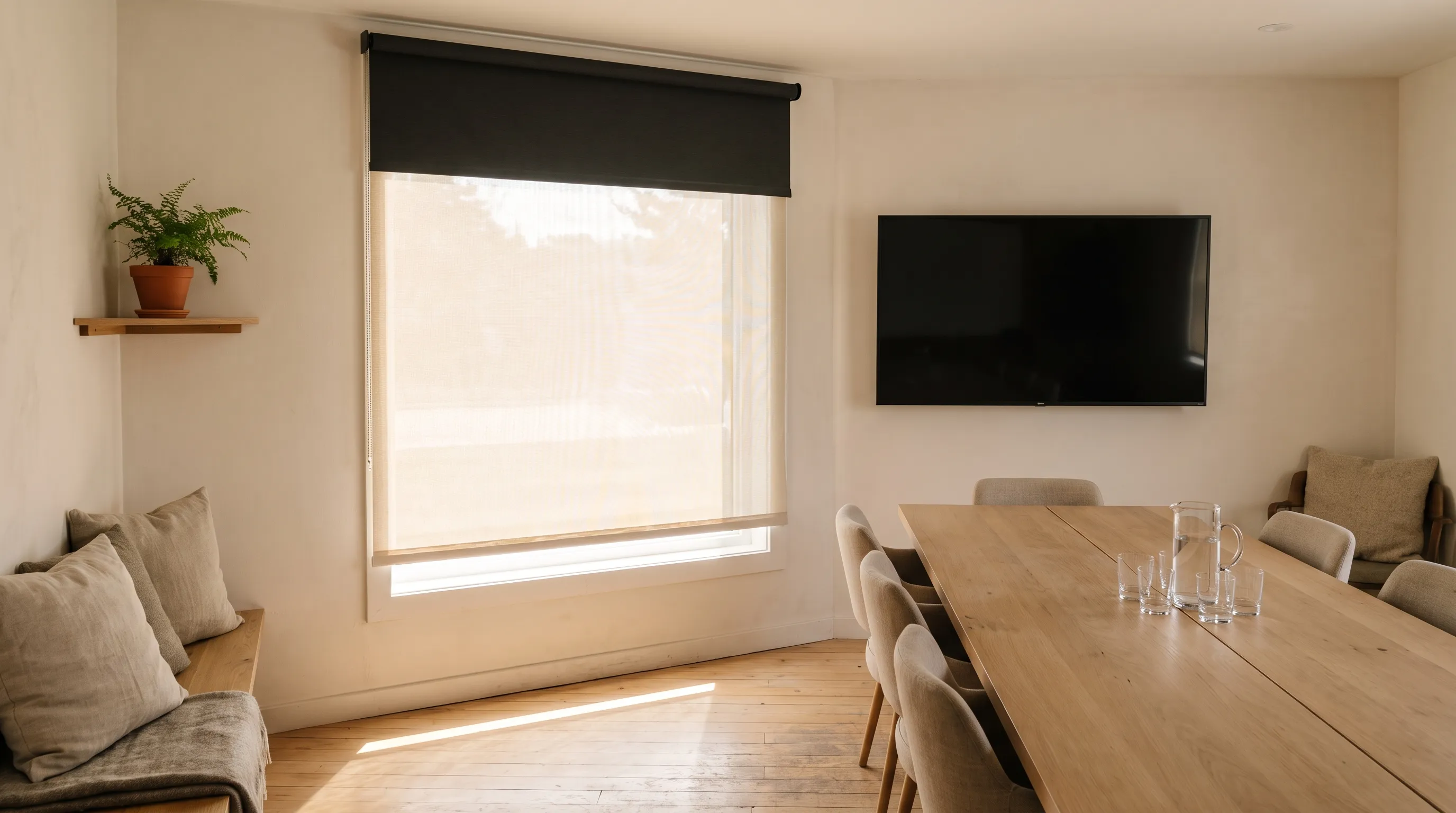 A meeting room window with two blinds on one opening — a charcoal blackout roller rolled up at the head and a cream screen roller lowered beneath it for glare — beside a long pale oak table and a wall-mounted display