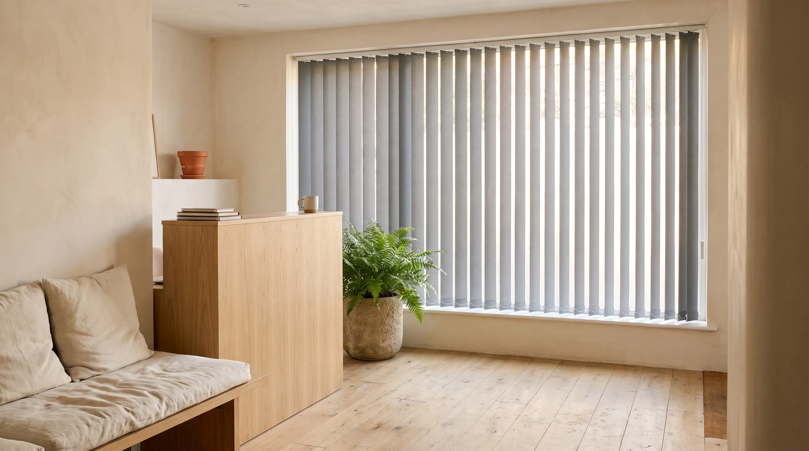Soft grey vertical blinds across a wide window in a clinic reception, the vanes angled for privacy while daylight still enters in tall strips, with a pale oak reception desk, a linen bench and a fern in a stone pot