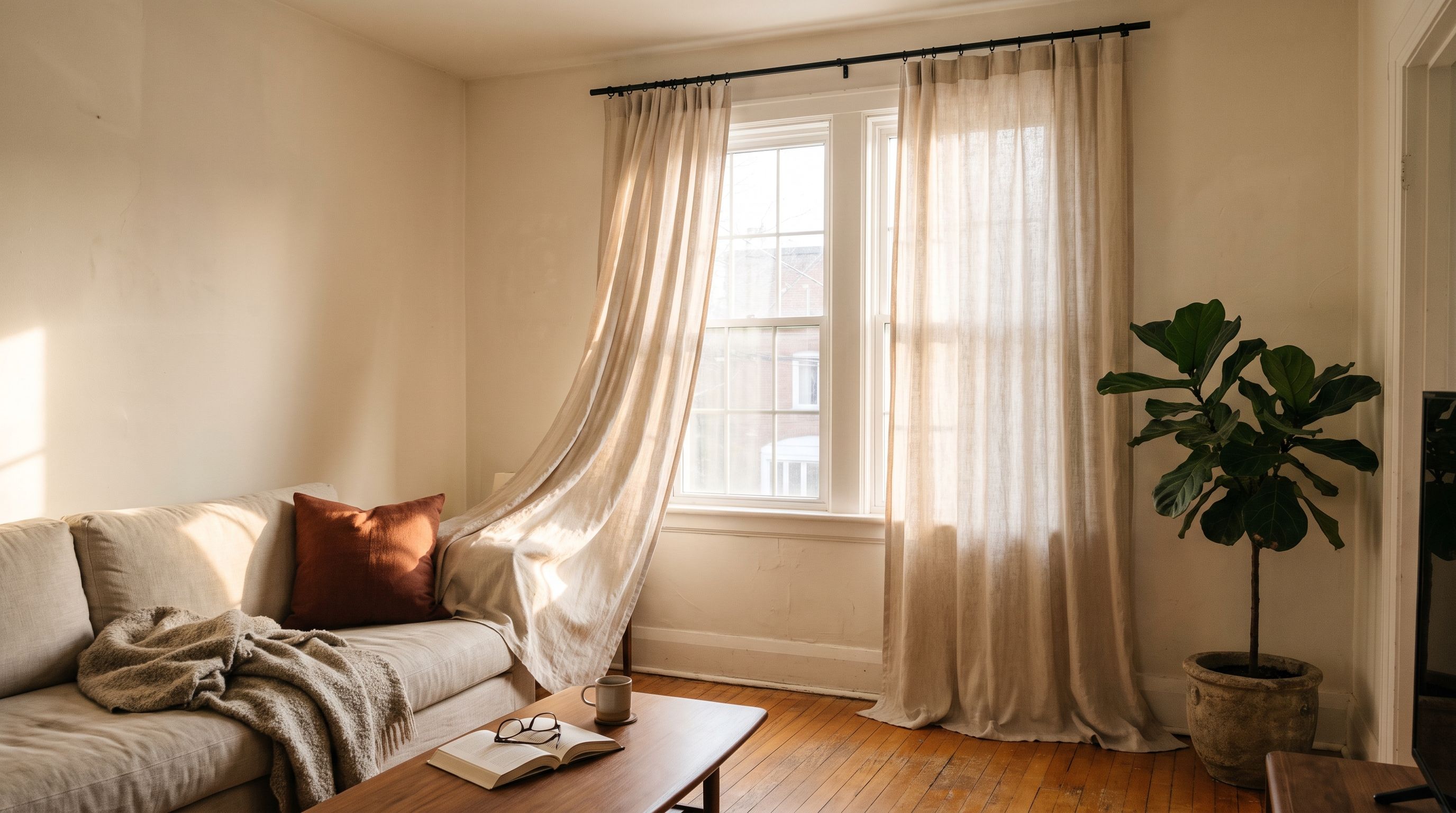 A bright living room in an older Toronto house, floor-length oatmeal linen curtains on a slim black pole with one panel caught mid-air and billowing back into the room, late sun coming through the cloth onto a linen sofa with a wool throw and a terracotta cushion