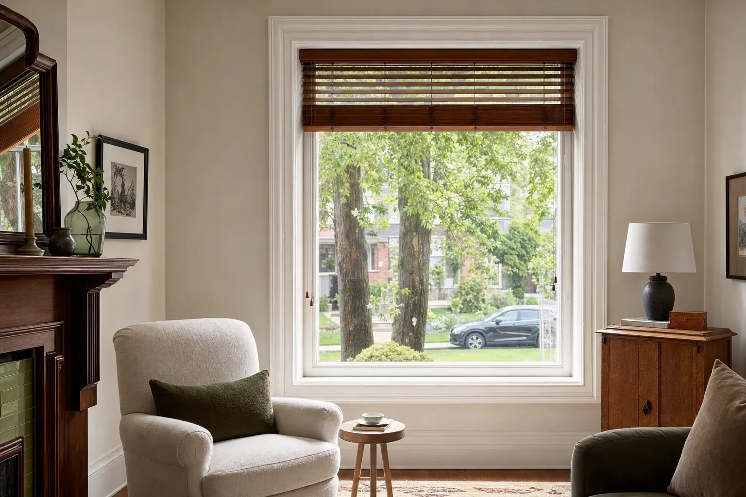Older sitting-room window with timber venetian blinds raised inside deep original painted casing above a leafy street view