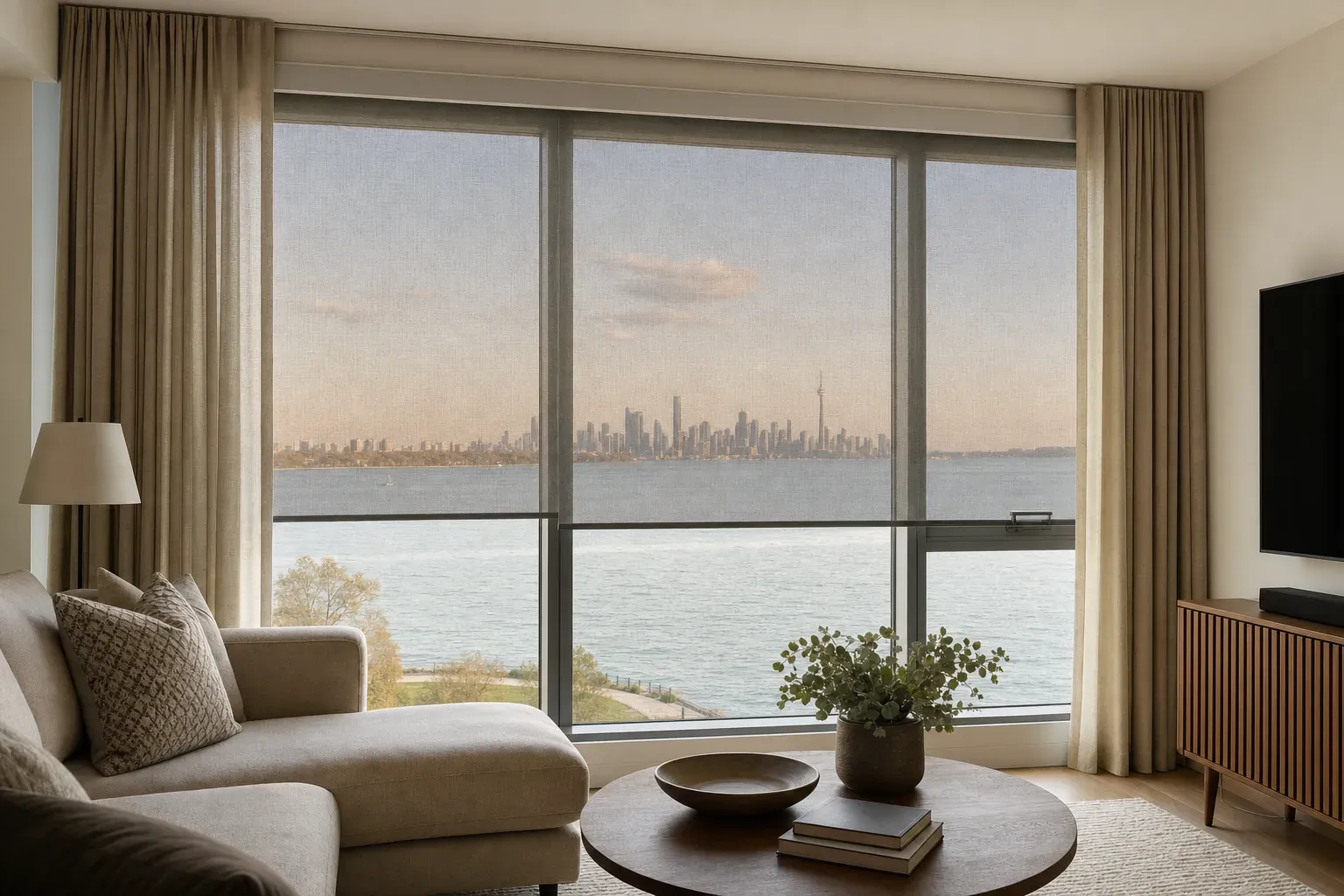 Etobicoke condo window with solar screen rollers lowered over the lake view and full-height linen curtains open at both sides