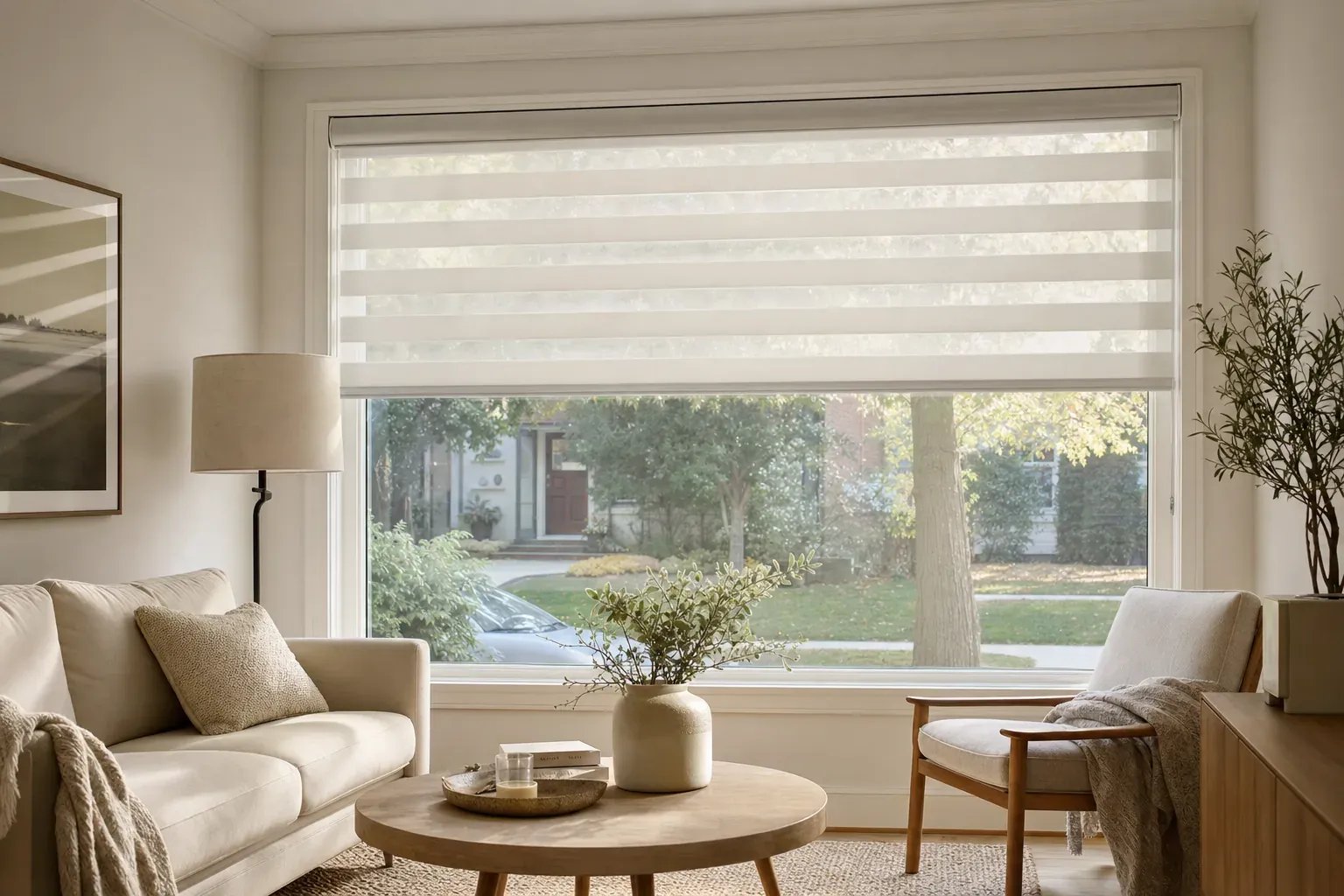 Wide ivory zebra blind with alternating sheer and opaque bands aligned across a bright street-facing window