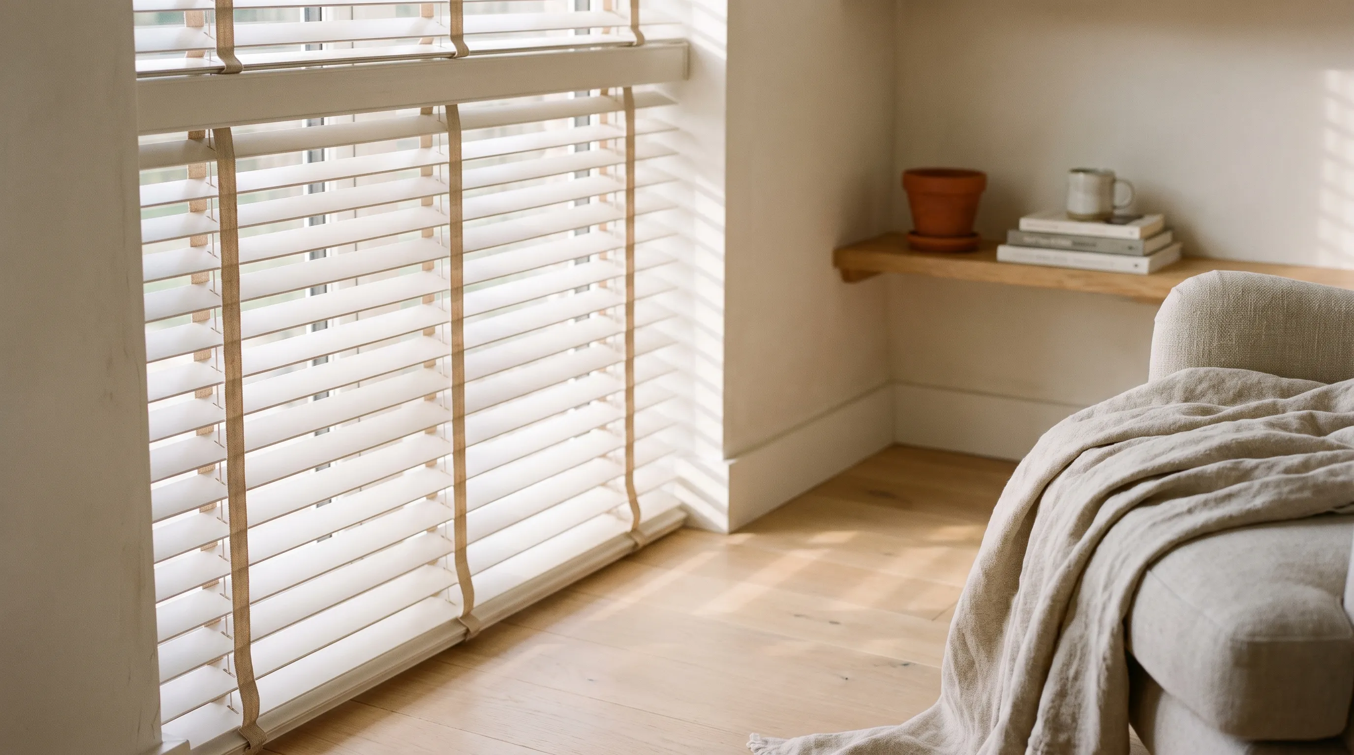 A close view along a faux-wood venetian blind, the smooth painted composite slats tilted part open and a woven oatmeal ladder tape running down the face of the blind covering the cord holes
