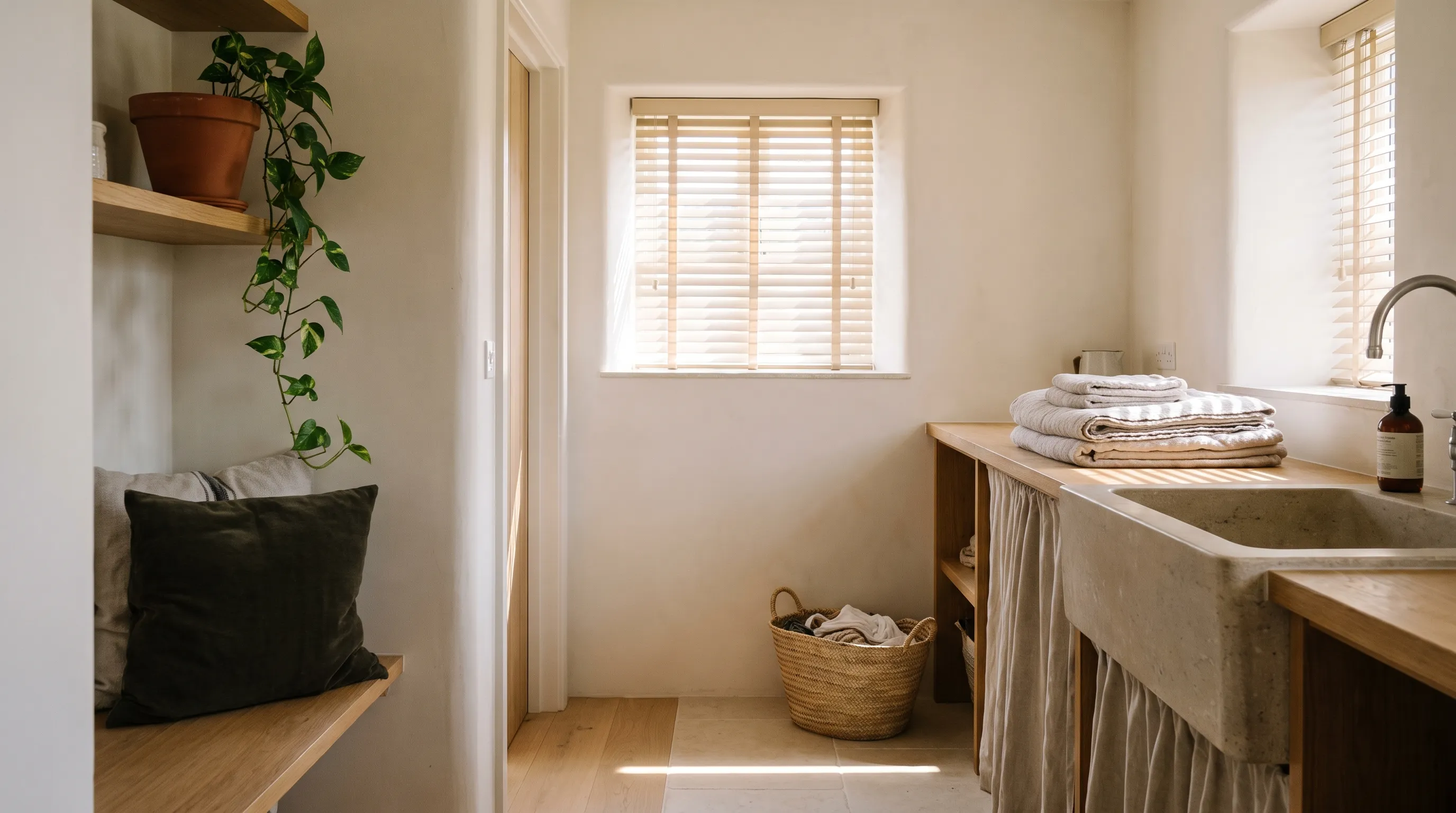 A warm-white faux-wood venetian blind on a small utility-room window, the slats tilted and daylight falling across a stone sink, a folded stack of towels and a woven laundry basket