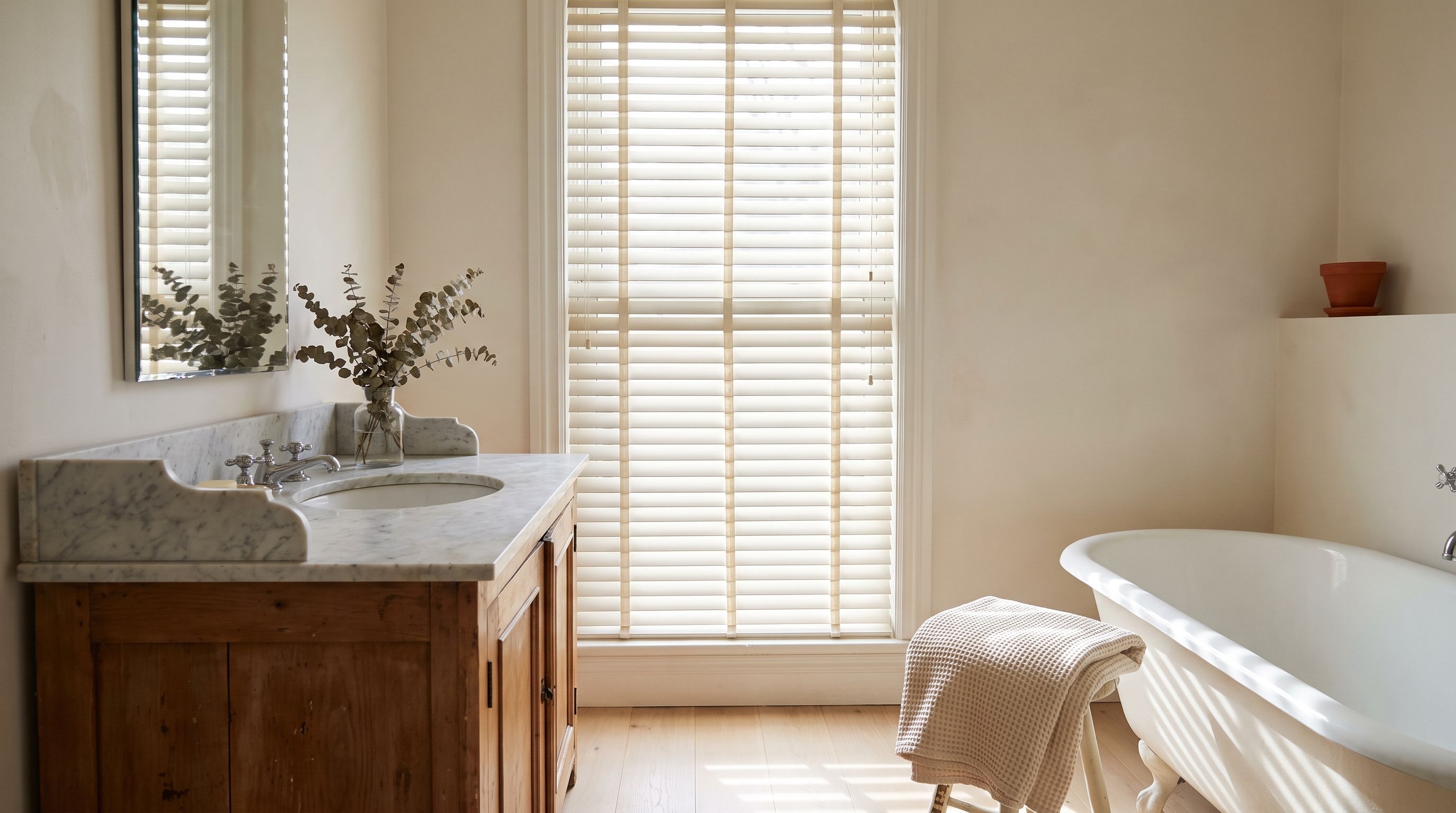A tall bathroom window filled by a warm-white faux-wood venetian blind with woven ladder tapes, the slats almost closed and glowing with daylight, a marble-topped washstand to the left and a rolltop bath to the right