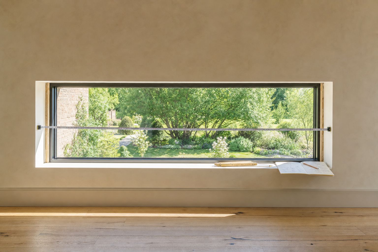 A steel measuring tape stretched across a bright bare window opening, a folding rule, a pencil and a notebook of handwritten measurements resting on the painted sill, a sunlit garden beyond the glass