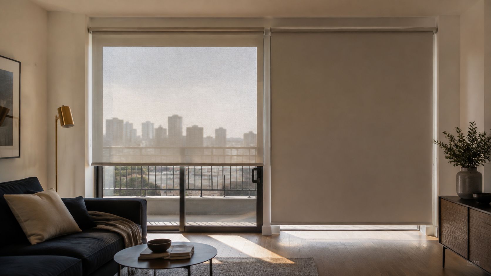 A Toronto condo living room facing two floor-to-ceiling glass bays — a pale solar screen lowered on the left with the skyline visible through its weave, and a solid warm-stone roller lowered for privacy on the right beside a balcony door