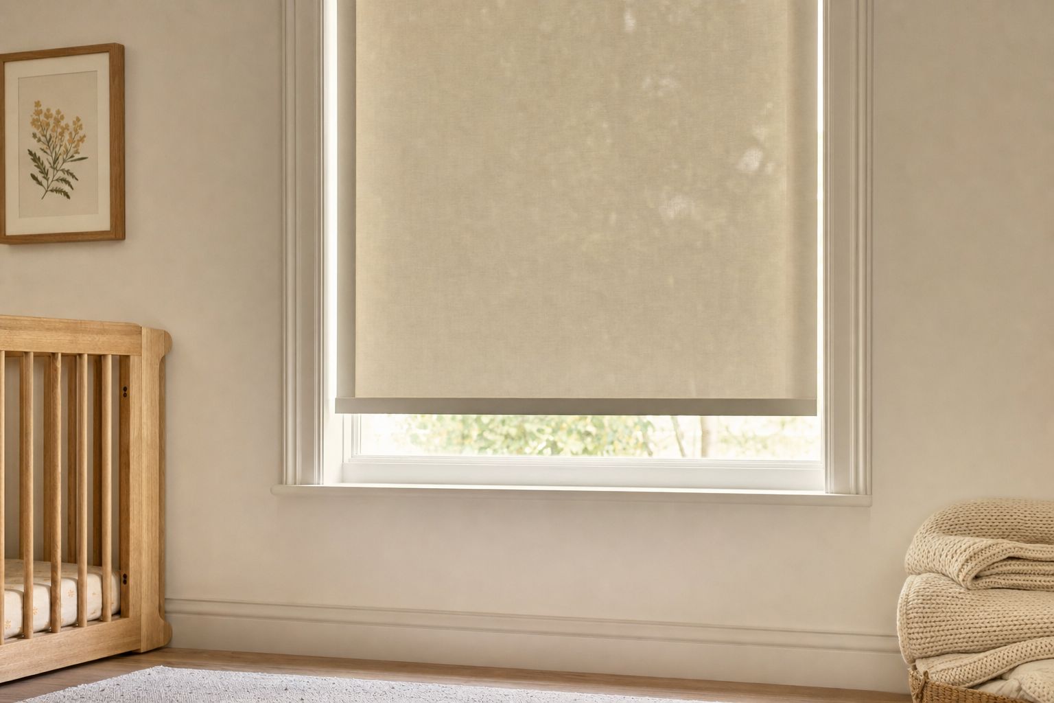 A child's bedroom window with a cordless blackout roller blind lowered most of the way, its plain bottom bar clear of any cord or chain and both sides of the window completely free of loops, a wooden cot beside it