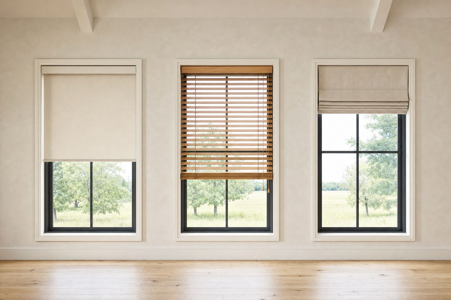 Three tall windows on one wall, each dressed differently — a cream roller blind lowered two thirds, honey wooden venetian blinds with slats tilted open, and an oatmeal roman shade raised into stacked folds — all three headrails at the same height