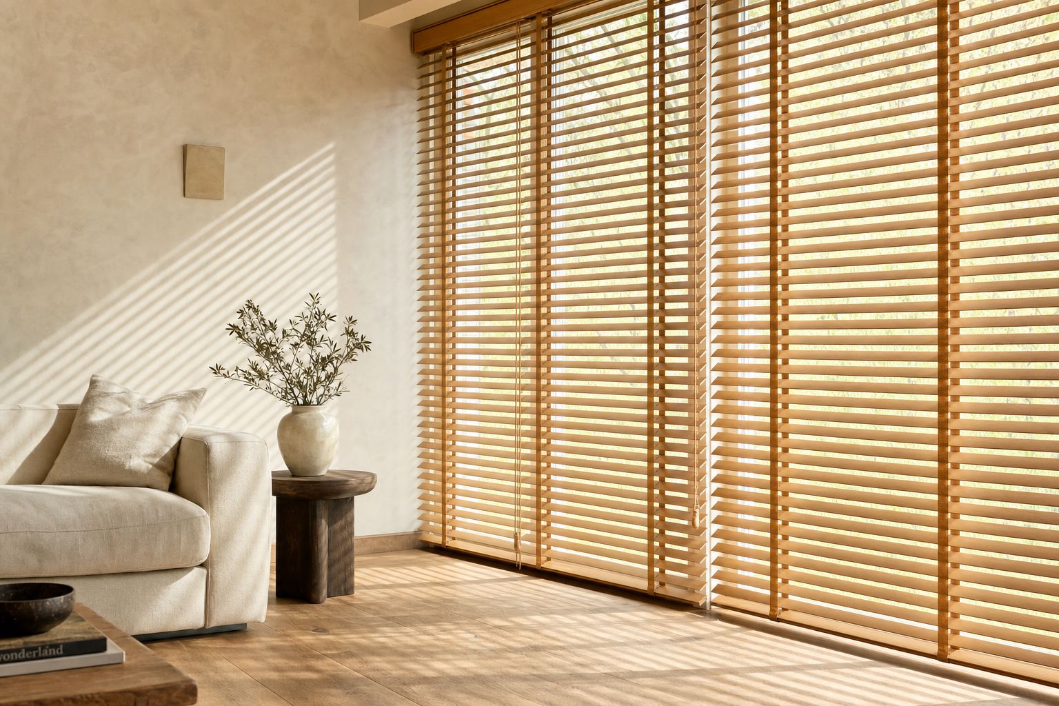 Sunlit room with a wall of tall windows in honey-toned wooden venetian blinds, tilted slats laying stripes of afternoon light across a pale wall and oak floor, a cream sofa to one side