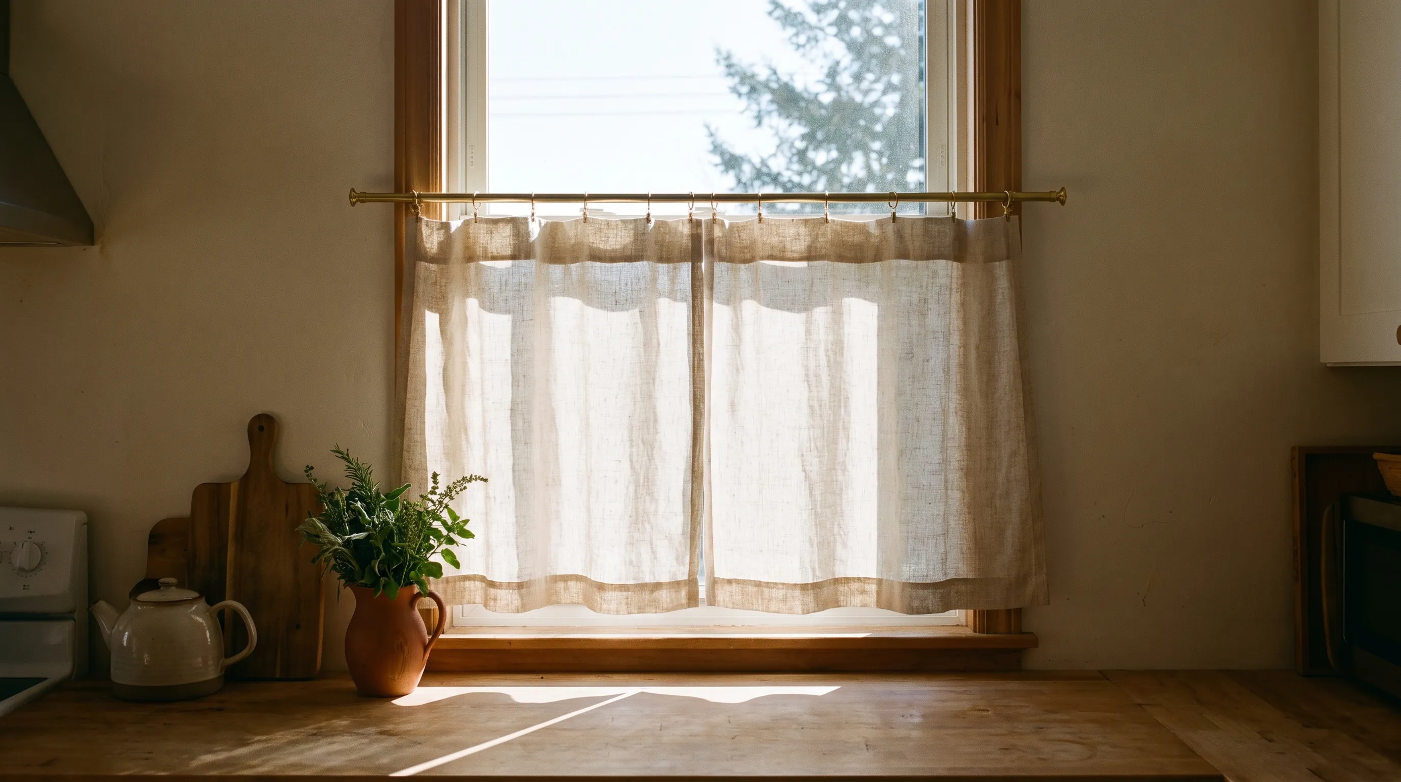 A cafe curtain in unbleached linen on a slim brass rod, covering the lower two thirds of a kitchen window with clear bright glass and a tree above it, sun falling across a wooden worktop with a kettle and a terracotta jug of herbs