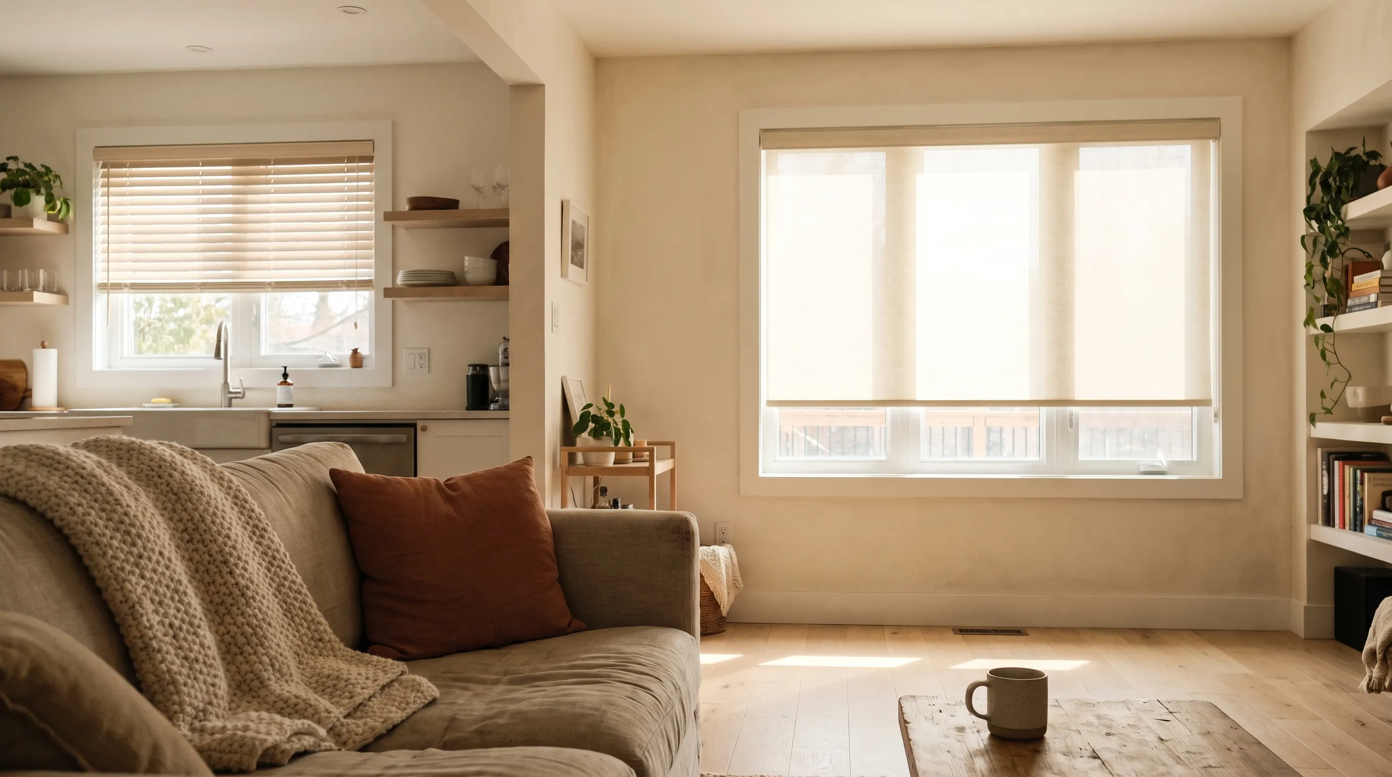 An open-plan room seen from the sofa: a pale faux-wood venetian blind on the kitchen window at the left and a cream roller blind on the larger living-room window at the right, both the same warm tone with their headrails set at one height