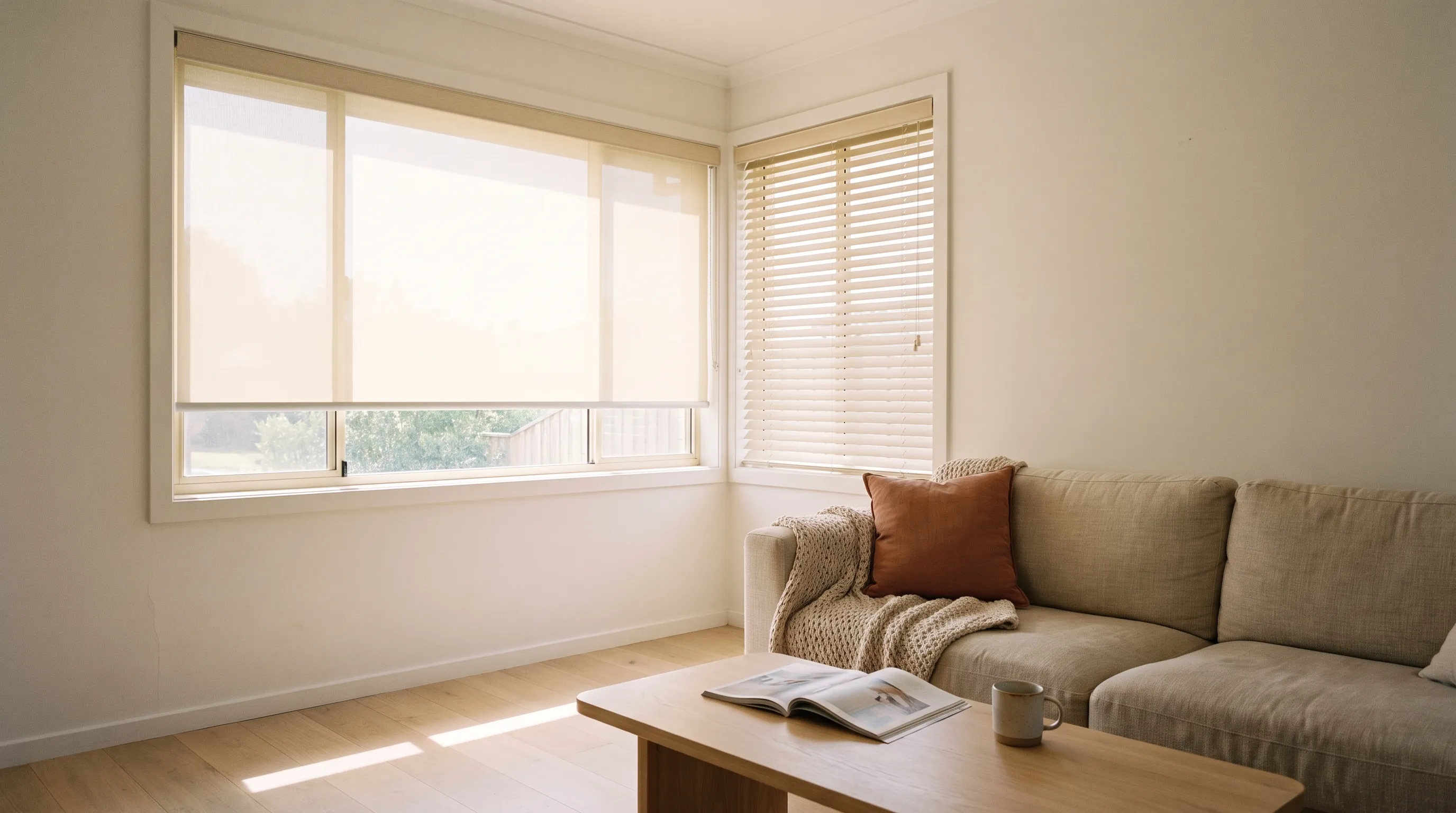 A corner living room where two windows meet on different walls, both blinds in the same warm cream tone with their headrails at one height but different products — a screen roller on the wide sunny window and a pale wooden venetian tilted open on the narrower one
