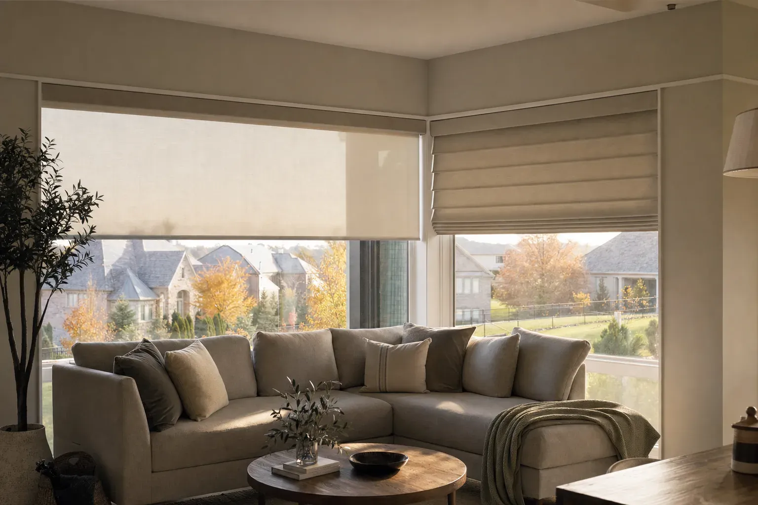 Corner room with a solar roller on one window and a roman shade on the adjoining window aligned along one headrail height