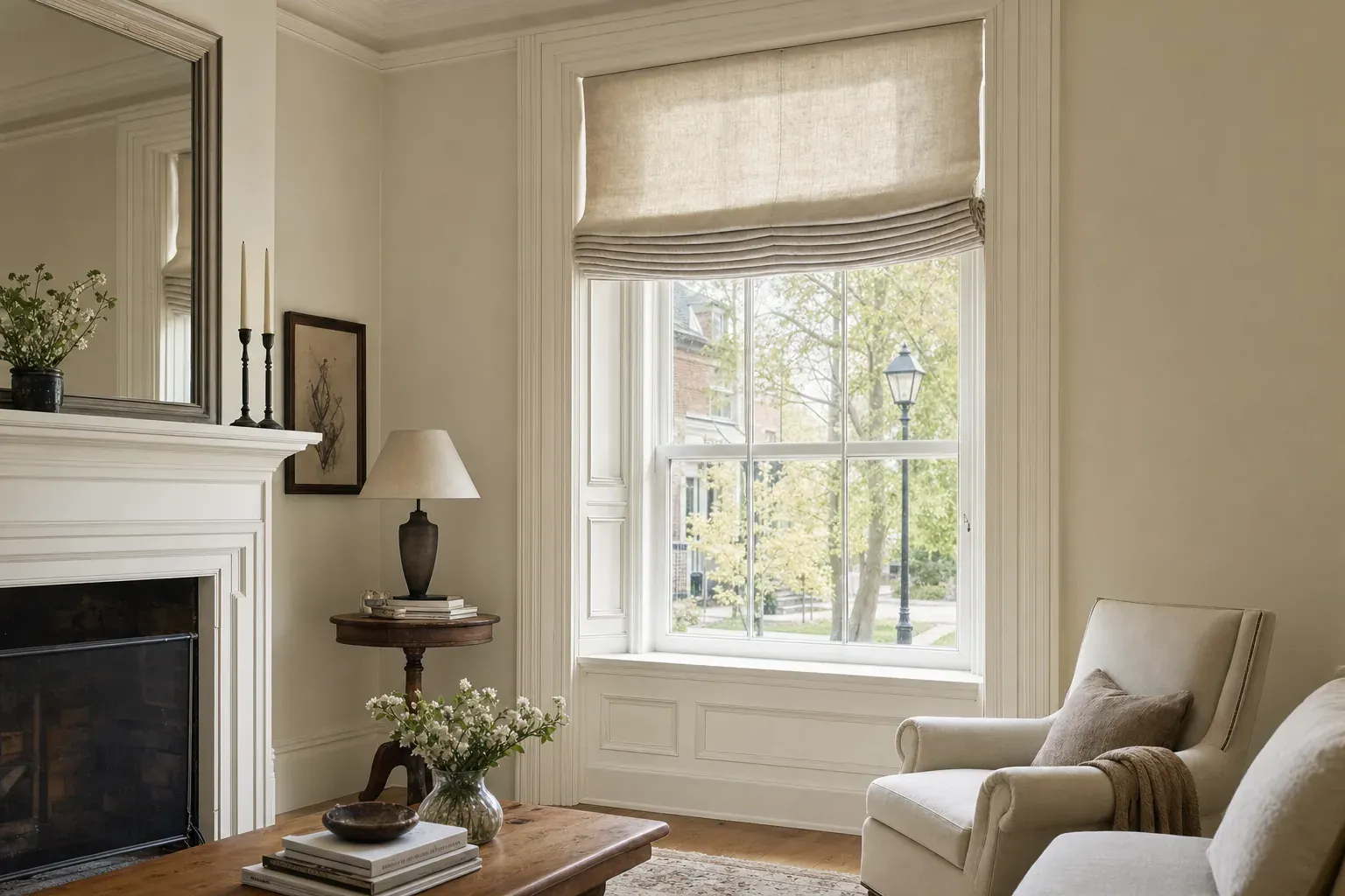 Heritage-style Unionville room with a natural linen roman shade gathered inside an ornate painted window opening