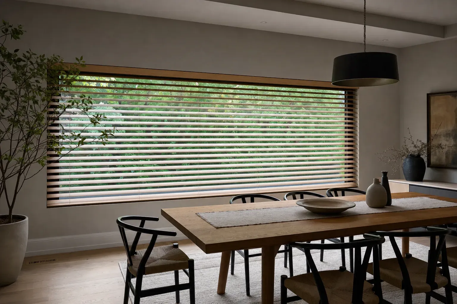 Wide low dining-room window with natural wood venetian blinds tilted to retain the green view while cutting eye-level glare