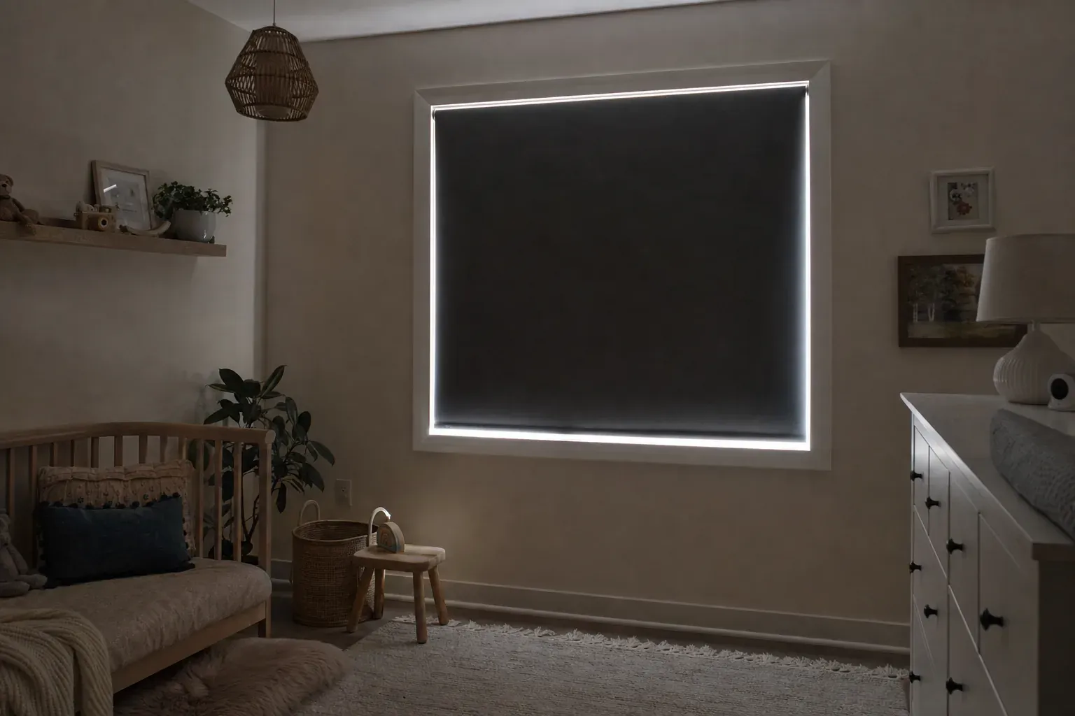 Dim nursery with a charcoal blackout roller lowered and a fine bright perimeter of daylight visible around its edges
