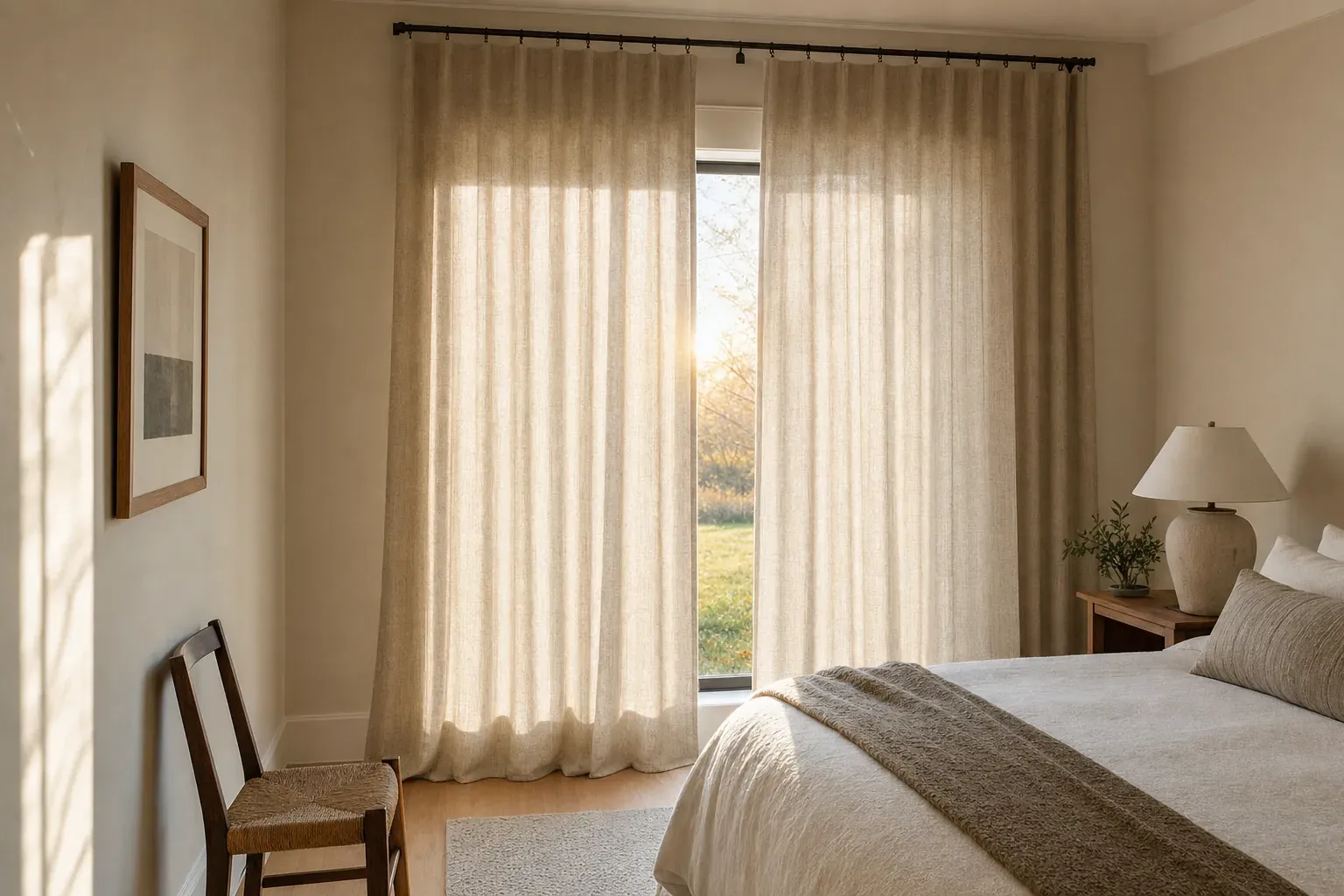 Morning light filtering through two unlined linen curtain panels and the narrow centre gap between them