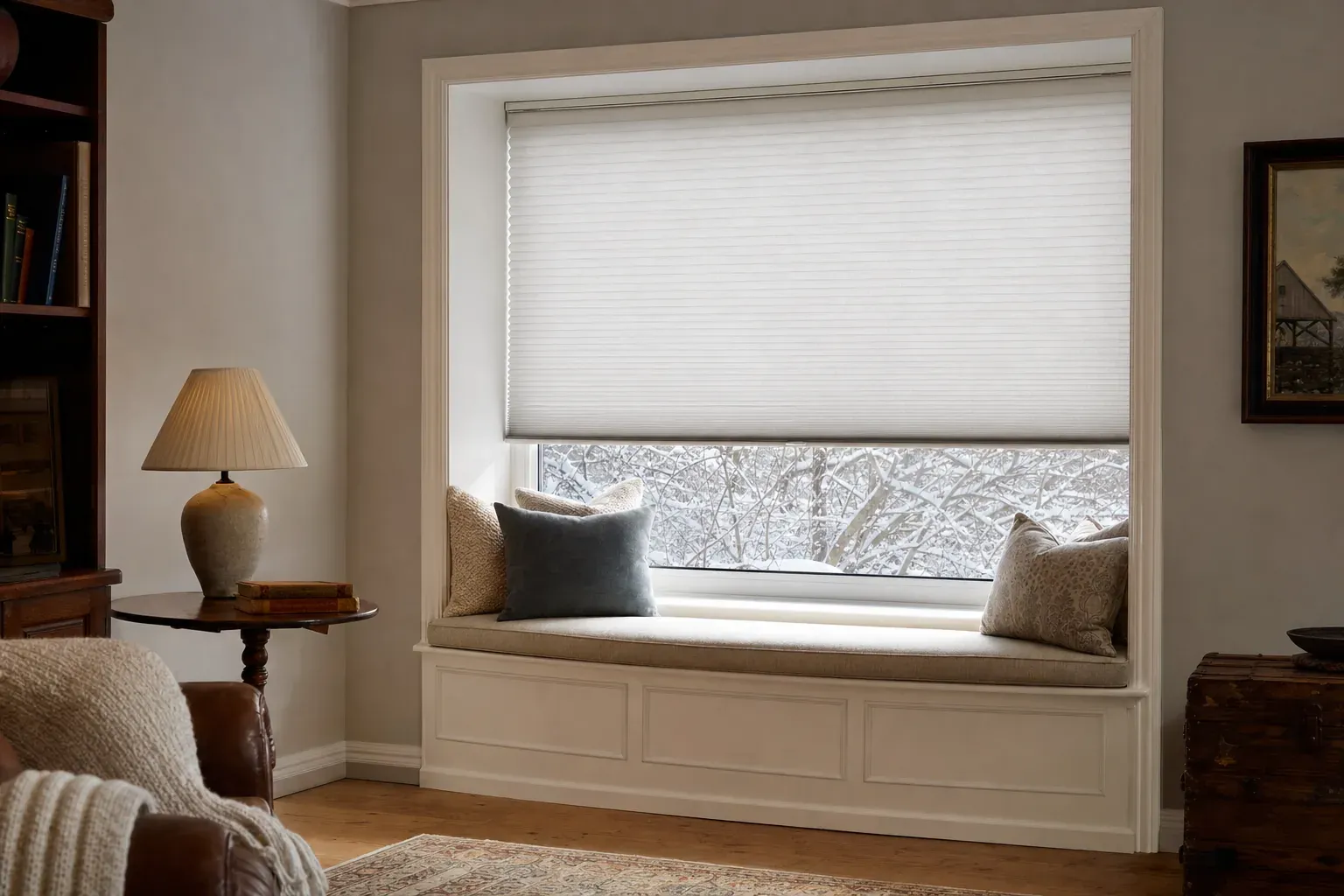 Window seat beneath a pale cellular shade with snowy leafless branches visible through the uncovered lower glass