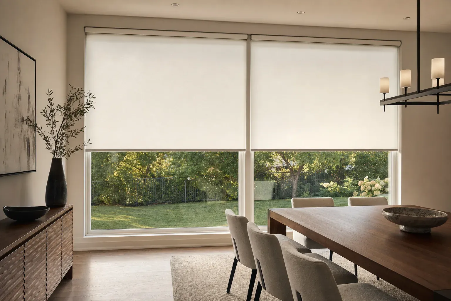 Two separate roller shades stopping at exactly the same height across a wide Mississauga dining-room wall