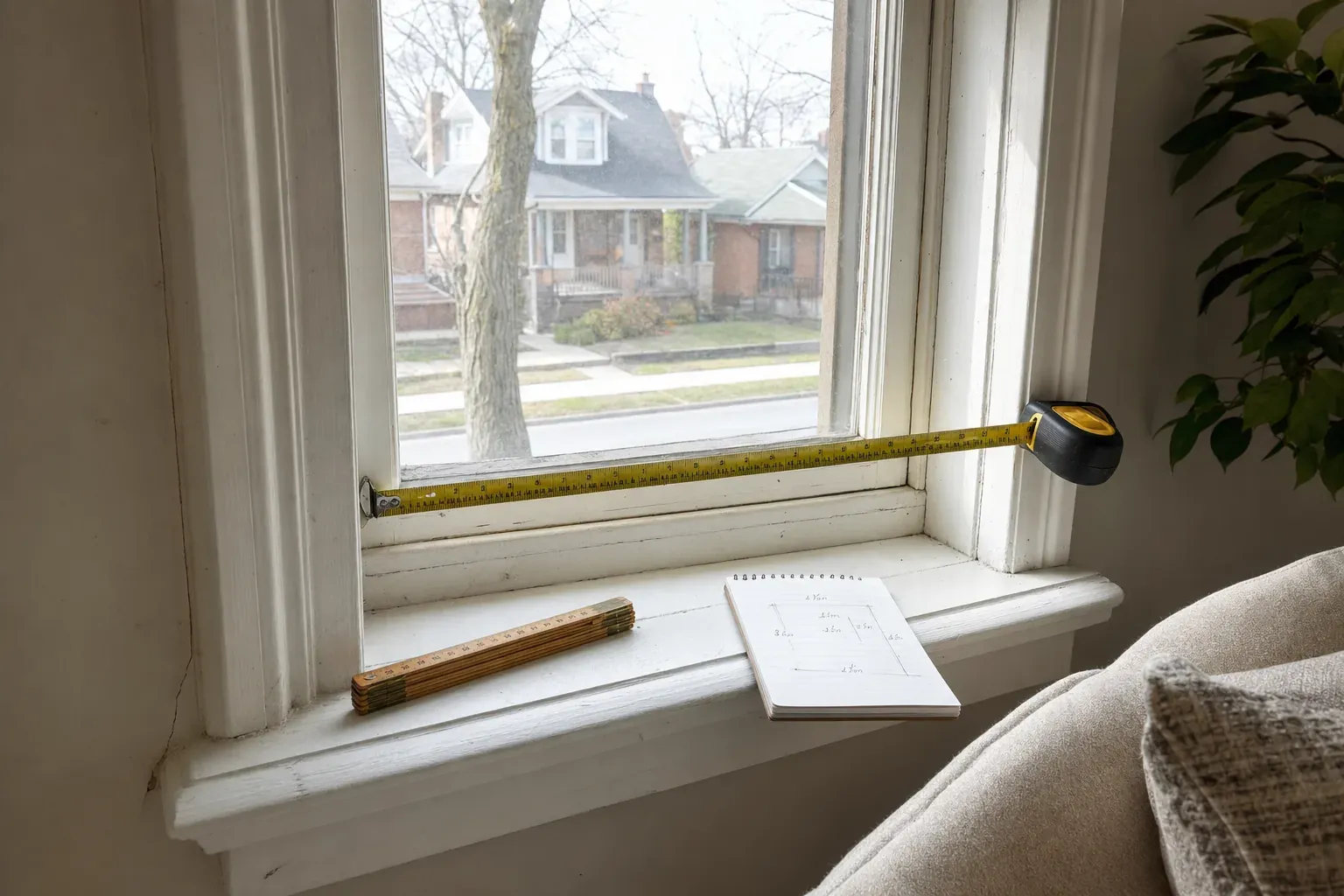 Tape measure stretched across an older painted window reveal with a folding rule and dimension notebook on the sill
