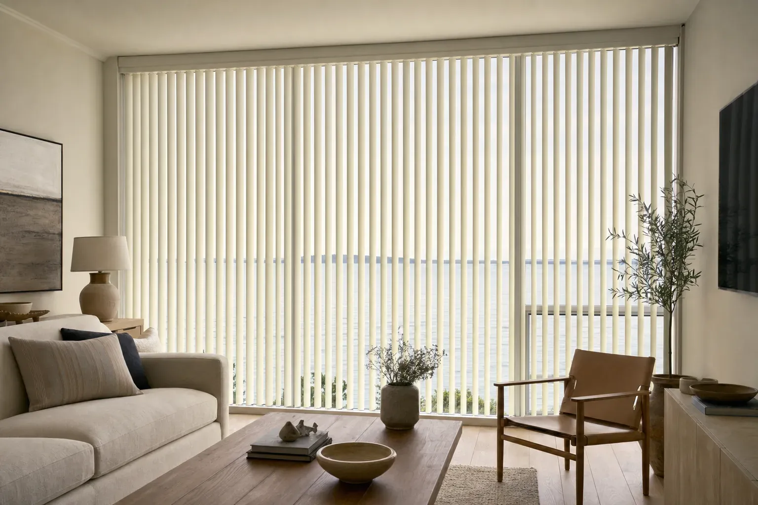 Floor-to-ceiling lake window with straight vertical blind vanes turned partly open into narrow view and light channels