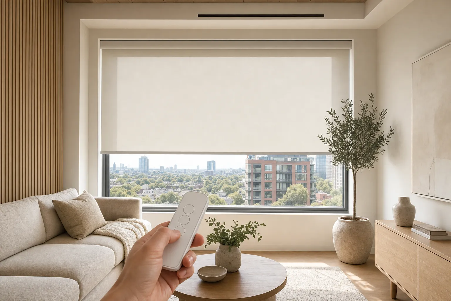A hand holding a small white remote toward a wide warm-white motorized roller shade stopped halfway down a bright living-room window