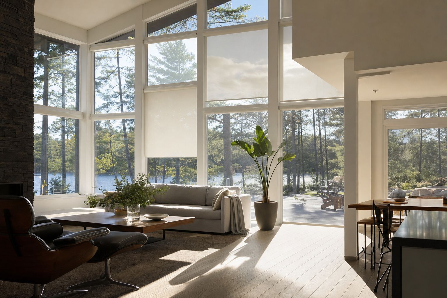 A double-height living room with a wall of tall windows, three roller blinds stopped at three different heights across it, morning sun crossing a pale floor toward a sofa and a fireplace